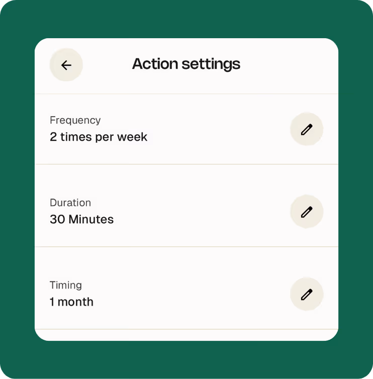 Yoboo app screen where users can set their action with frequency, duration and timing.