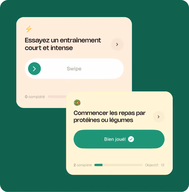 Actions dans l’application Yoboo comme un entraînement court et intense et commencer les repas par des protéines ou des légumes.