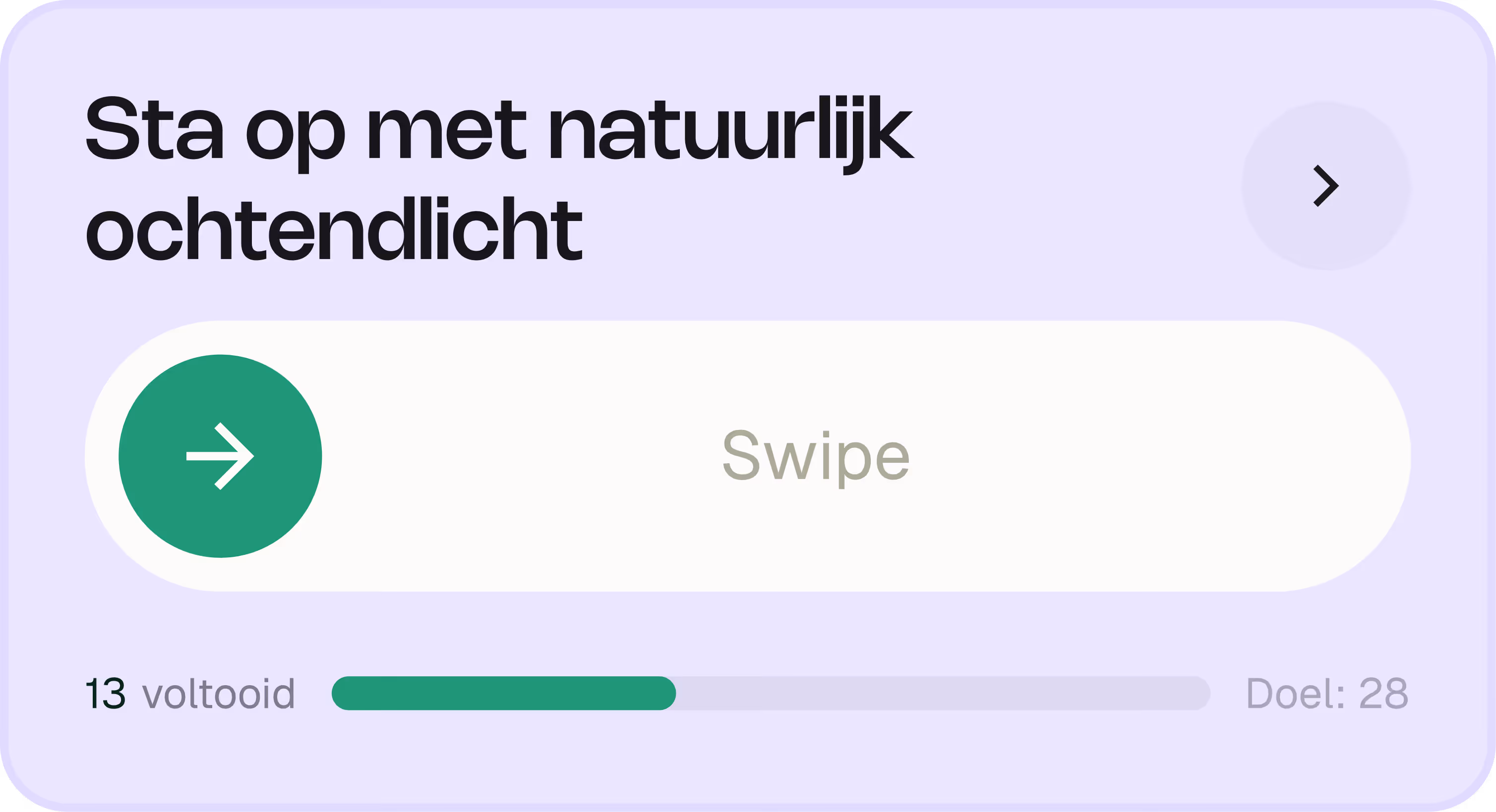 Voortgangsbalk en tekst: Sta op met natuurlijk ochtendlicht, 13 voltooid van 28, swipe naar rechts.