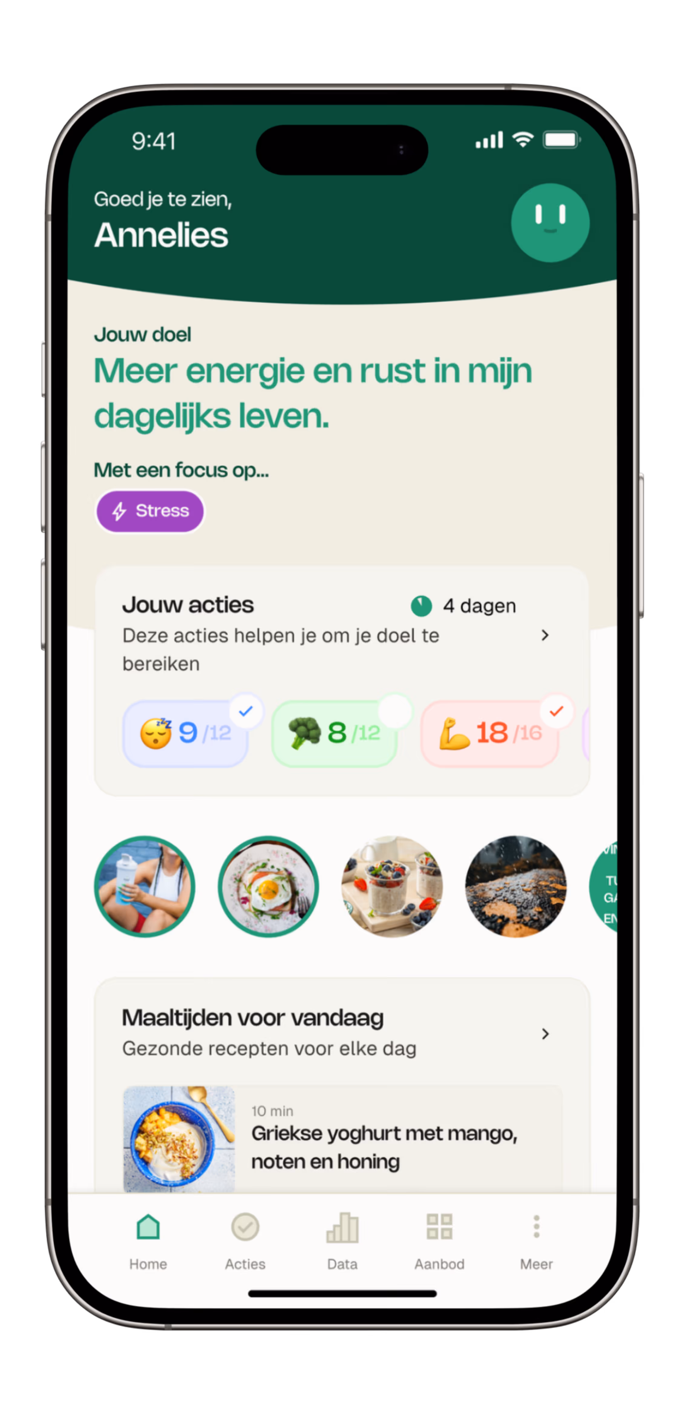 Appscherm van Yoboo toont doelen om energie en rust te verhogen met focus op stress en dagelijkse acties.