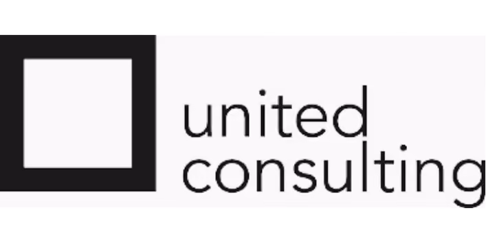 Logo van United Consulting met zwart vierkant en tekst naast elkaar.