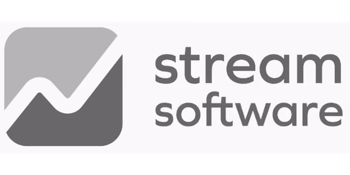 Stream Software-logo met abstract grafiekpictogram en bedrijfsnaam naast elkaar.