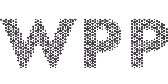 De letters WPP gevormd door kleine zwarte en grijze stippen.