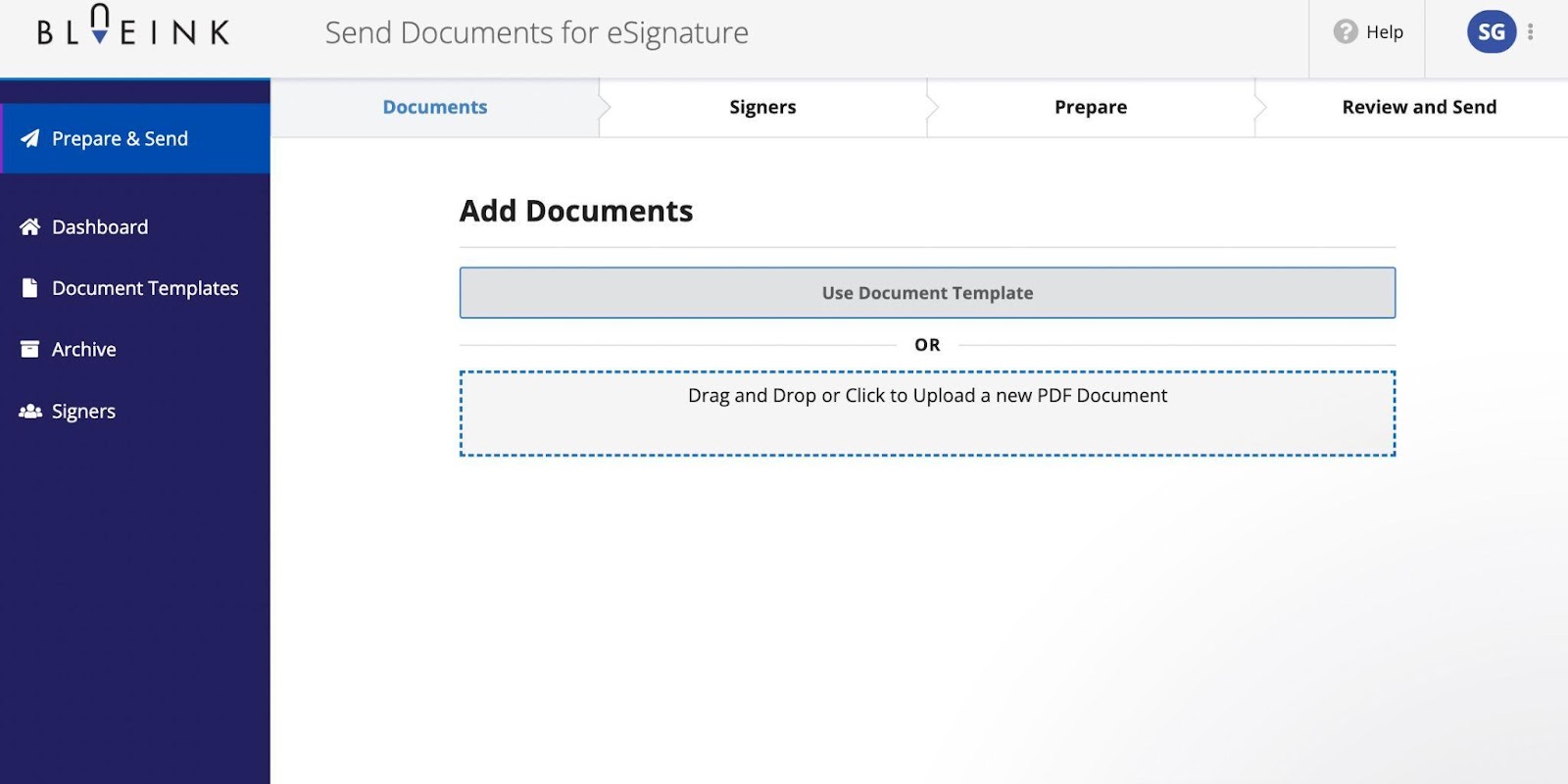 Once signed on to your Blueink account, you will see the main dashboard to “Prepare & Send” documents. Click to upload the file or drag and drop the document.