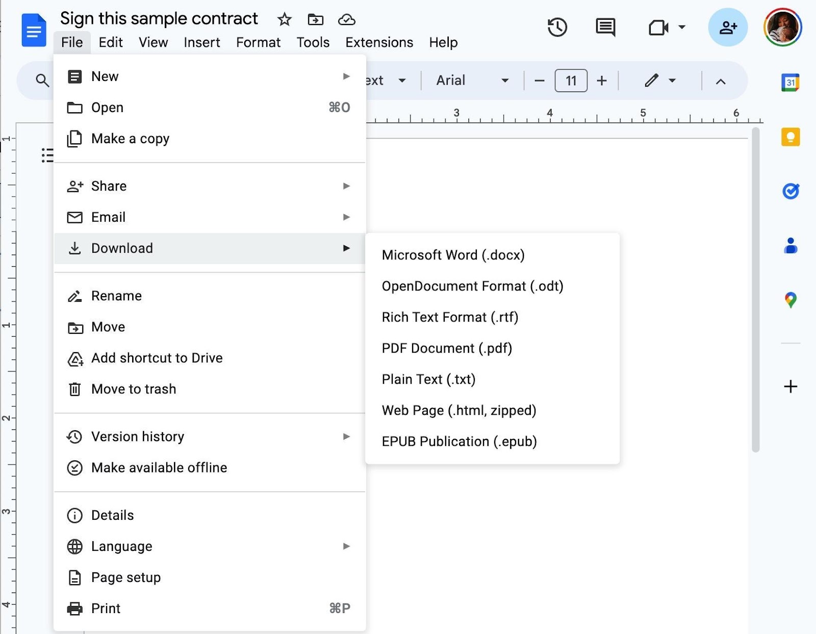  In the Google Doc, download the document. Select the fourth option on the dropdown to save the document as a PDF file extension.