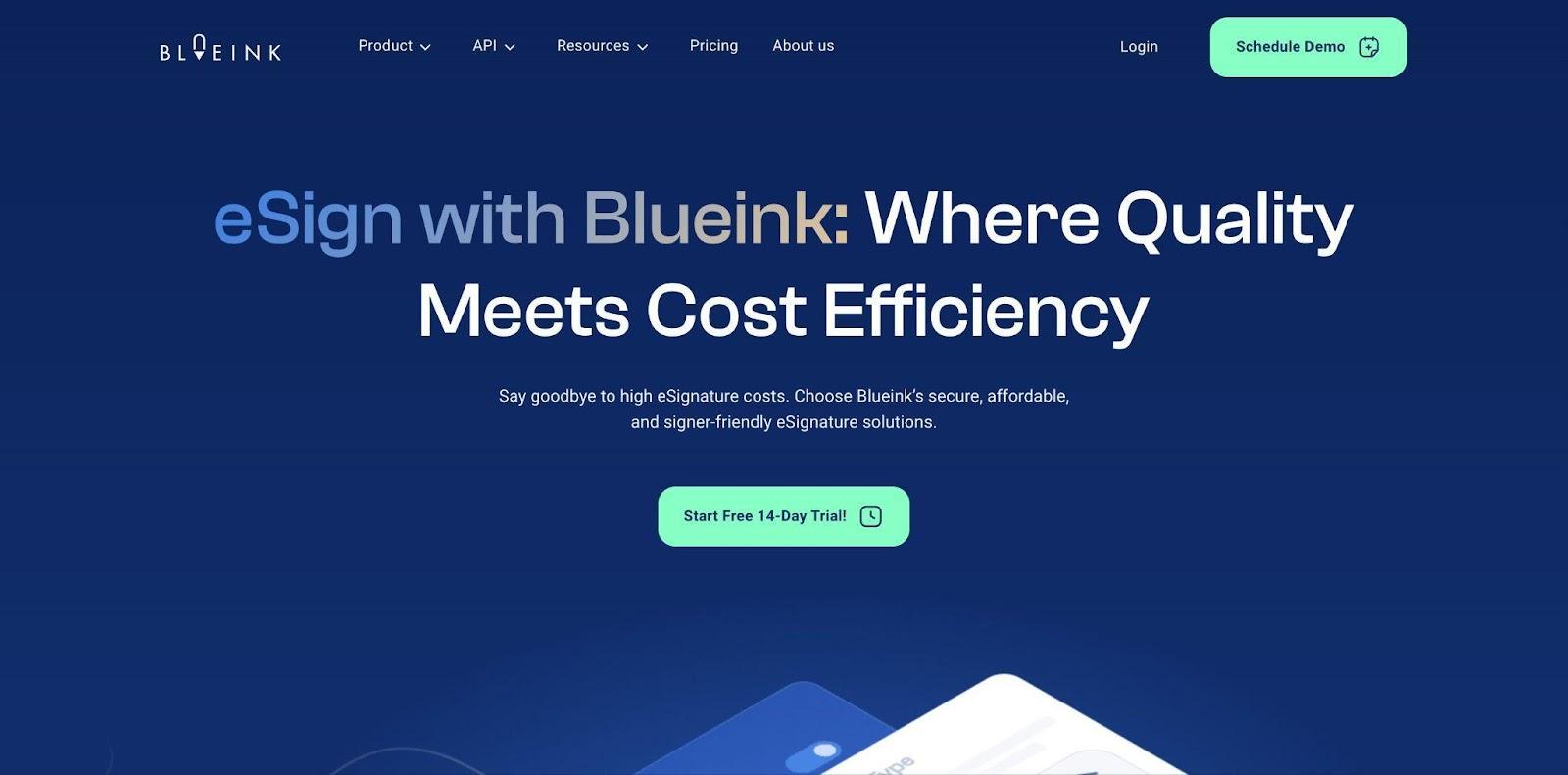 Homepage for Blueine with header reading "eSign with Blueink: Where Quality Meets Cost Efficiency." Below, it reads "Say goodbye to high signature costs.