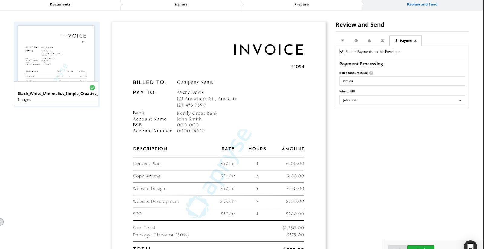 Invoice review screen showing itemized billing details, including services, rates, hours, and amounts. Payment options and a 'Review and Send' panel with a payment processing section are on the right.