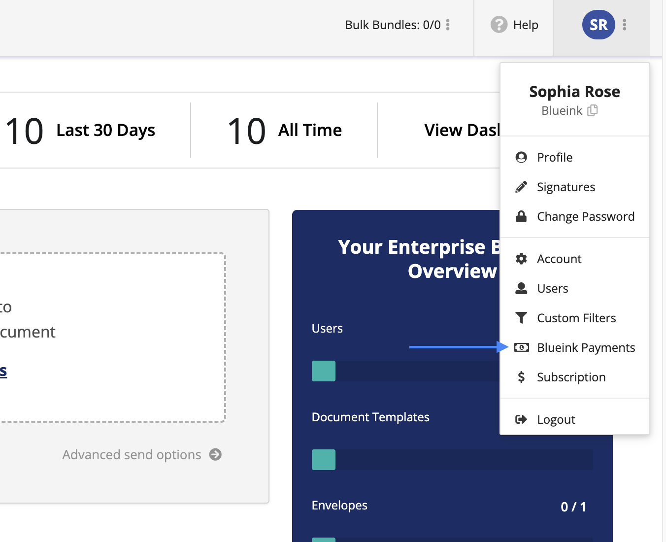 User account dropdown menu displaying options, including 'Blueink Payments,' for accessing payment settings. Profile options and account settings are also shown in the dropdown.