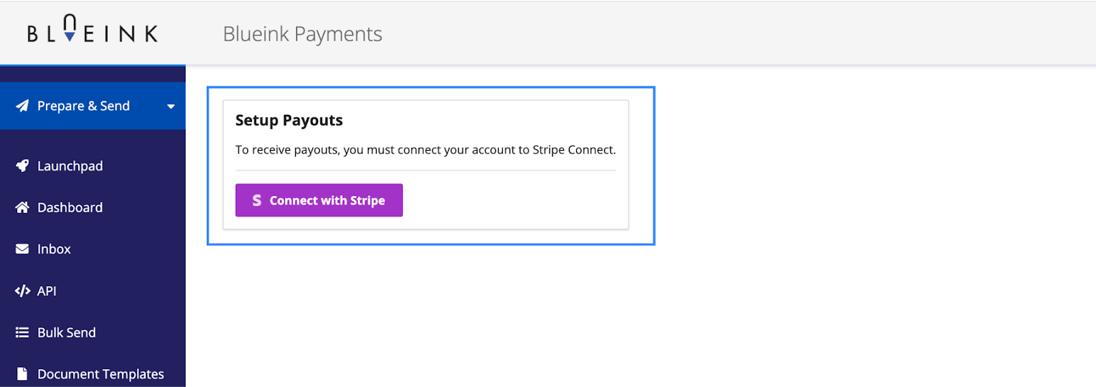 Blueink Payments setup screen prompting the user to connect their account to Stripe for payouts, with a 'Connect with Stripe' button highlighted.