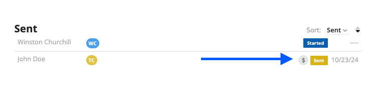Sent document screen showing recipients, status indicators, and a payment icon next to John Doe's entry, indicating payment is attached to this document.