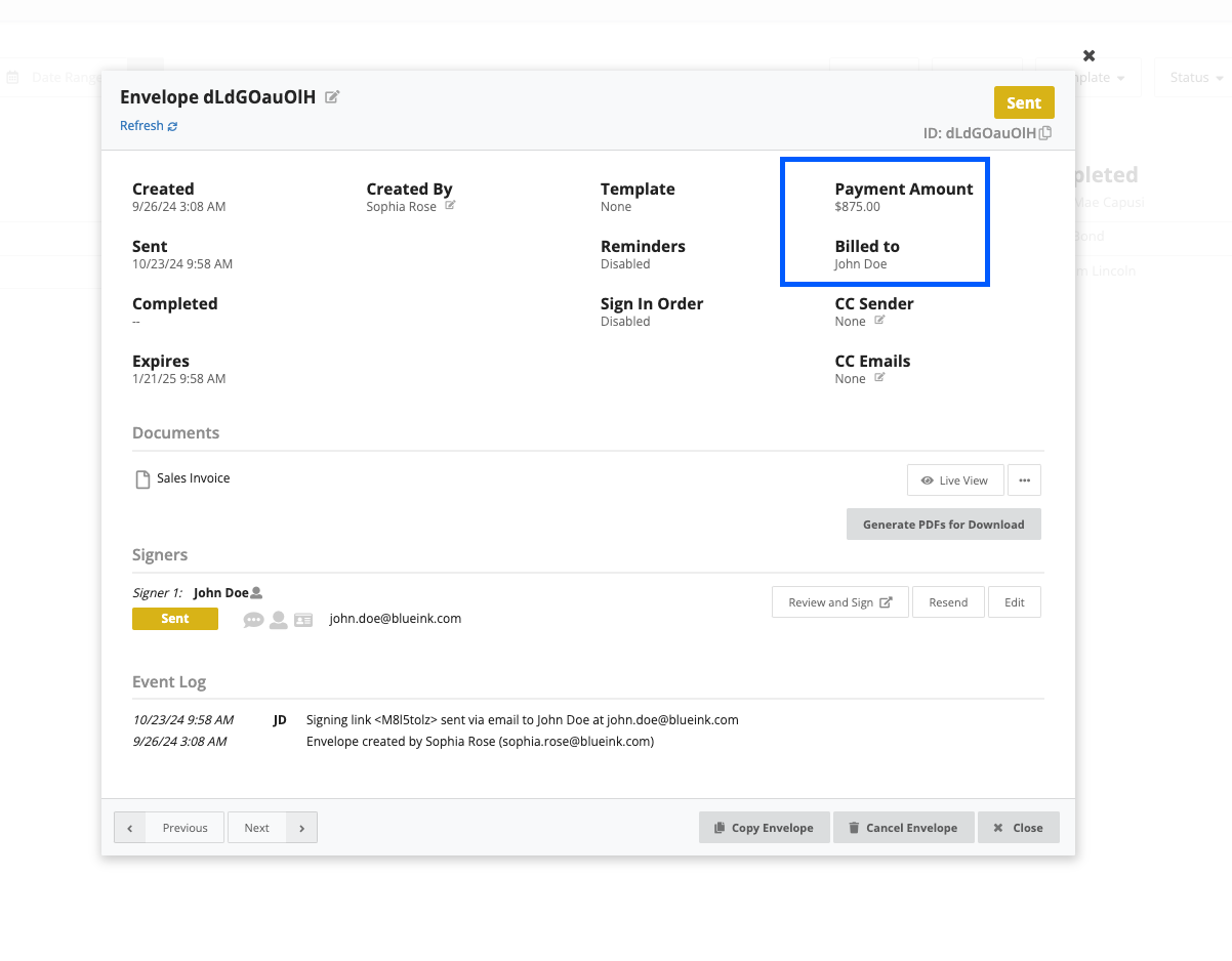 Envelope details screen displaying document information, including payment amount, billed recipient, and signer status. Event log and document options are also visible.