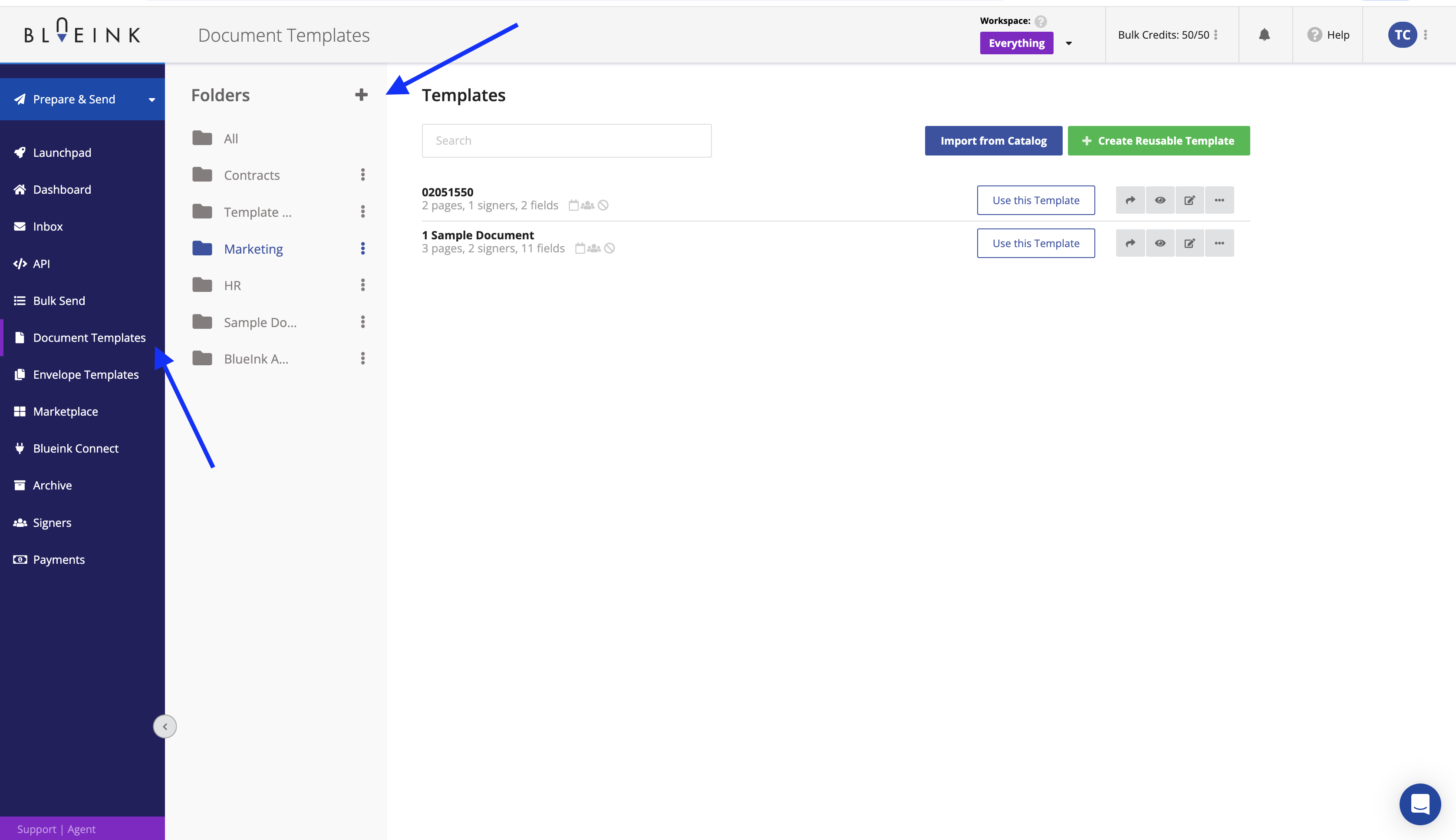 The Blueink Document Templates page with two blue arrows: one pointing to the “Document Templates” menu item in the left sidebar, and another pointing to a plus icon at the top of the “Folders” section.