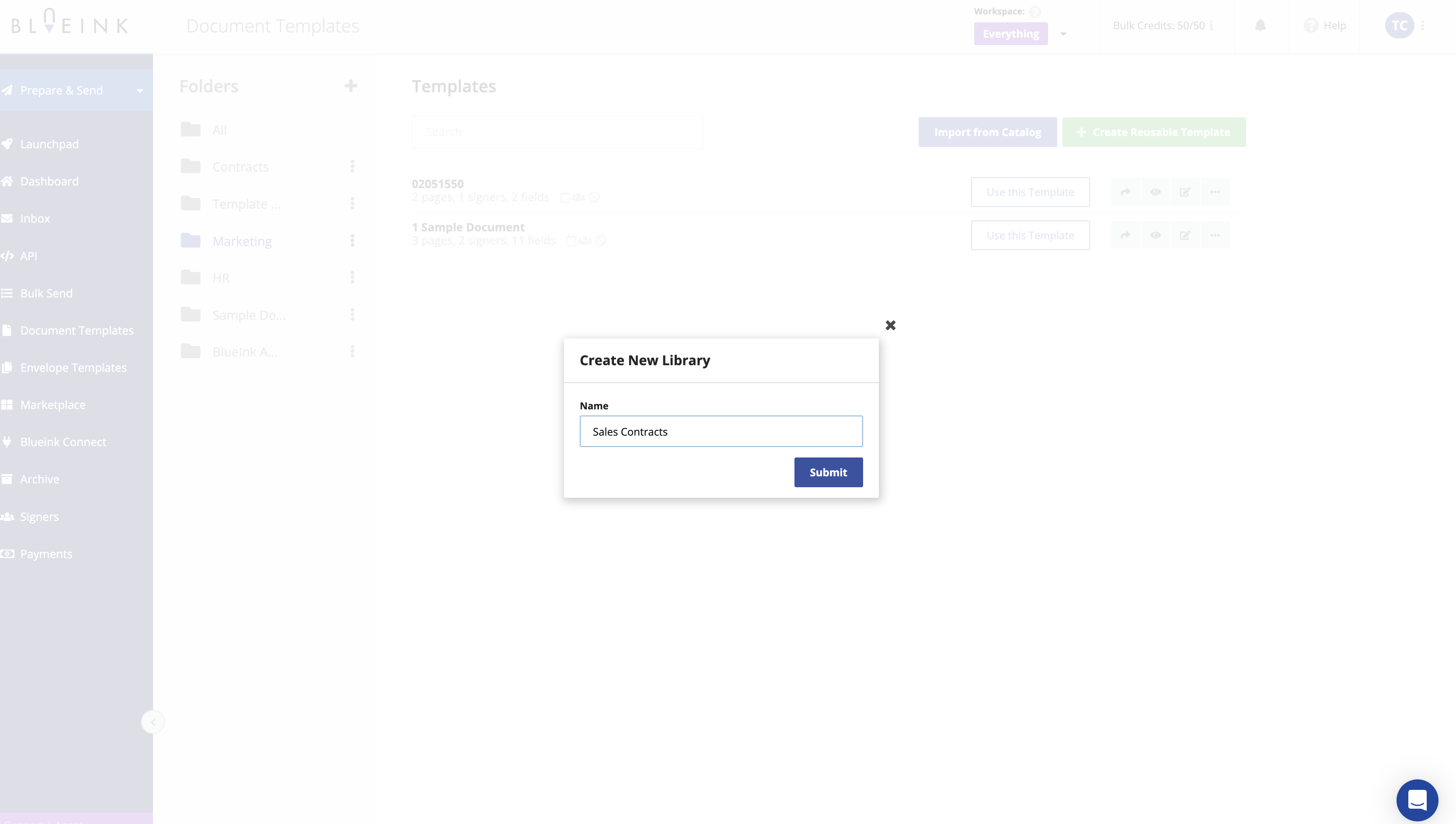 A popup window titled “Create New Library” with a text field where “Sales Contracts” is typed, and a blue “Submit” button below. The popup is centered on the Blueink Document Templates page, which shows the Folders list on the left.