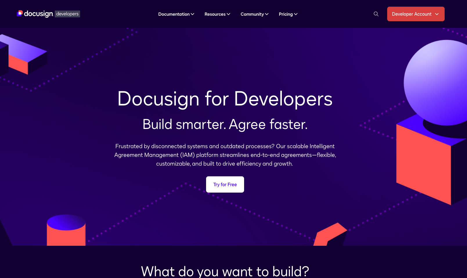 DocuSign for Developers homepage with headline 'Build smarter. Agree faster.' and a Try for Free button on a dark purple background with 3D geometric shapes.