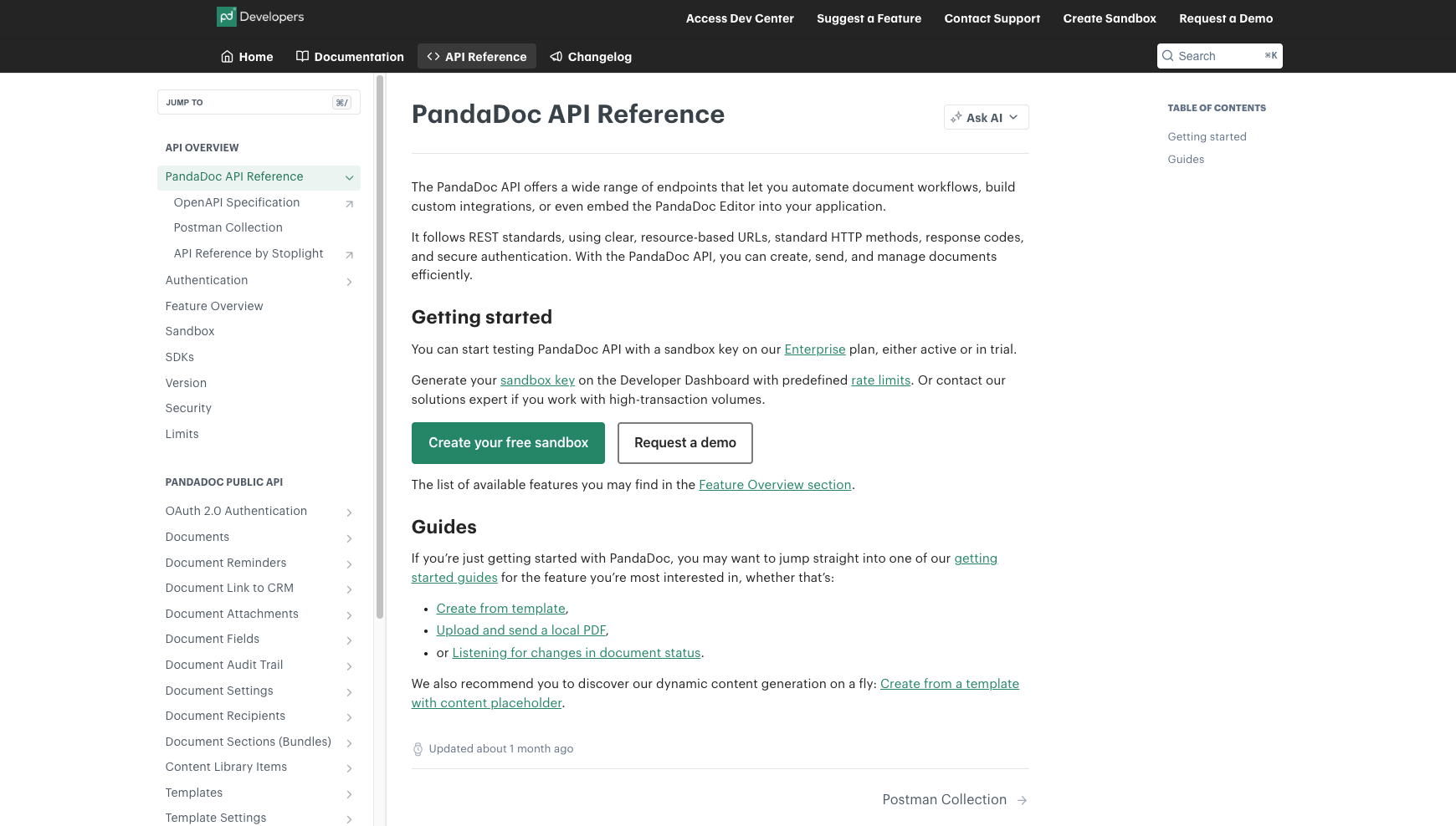 PandaDoc API Reference page showing API overview menu and guides for getting started, including sandbox key setup, create from template, upload PDF, and request a demo options.