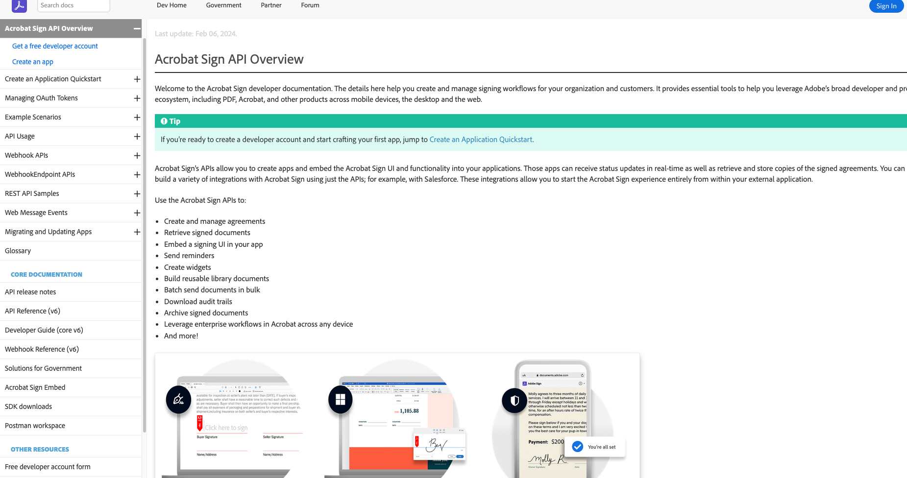 Acrobat Sign API Overview page showing developer documentation with sidebar navigation and key features including creating agreements, retrieving signed documents, embedding signing UI, sending reminders, bulk sending, and downloading audit trails.