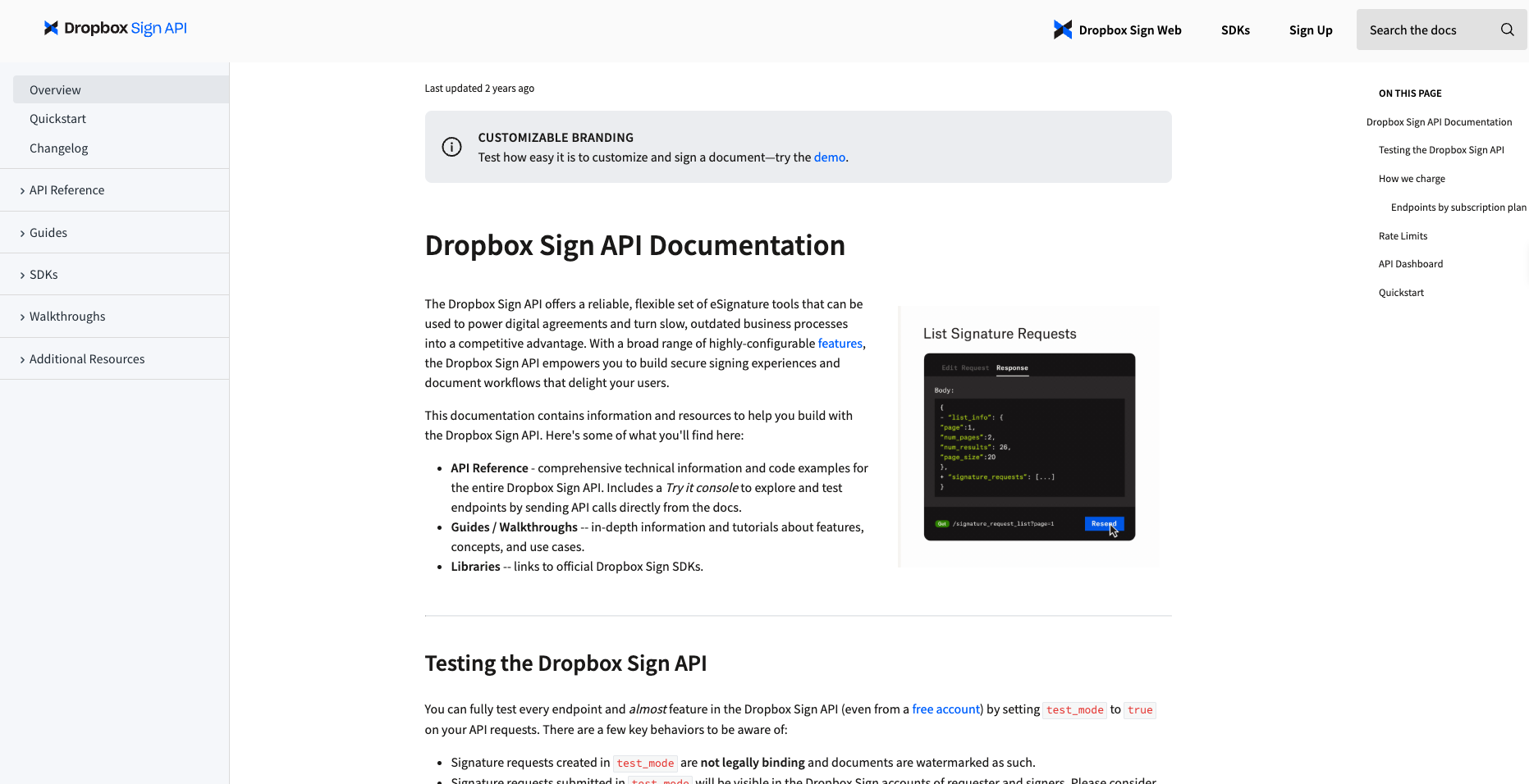 Dropbox Sign API documentation page with navigation menu and code example.