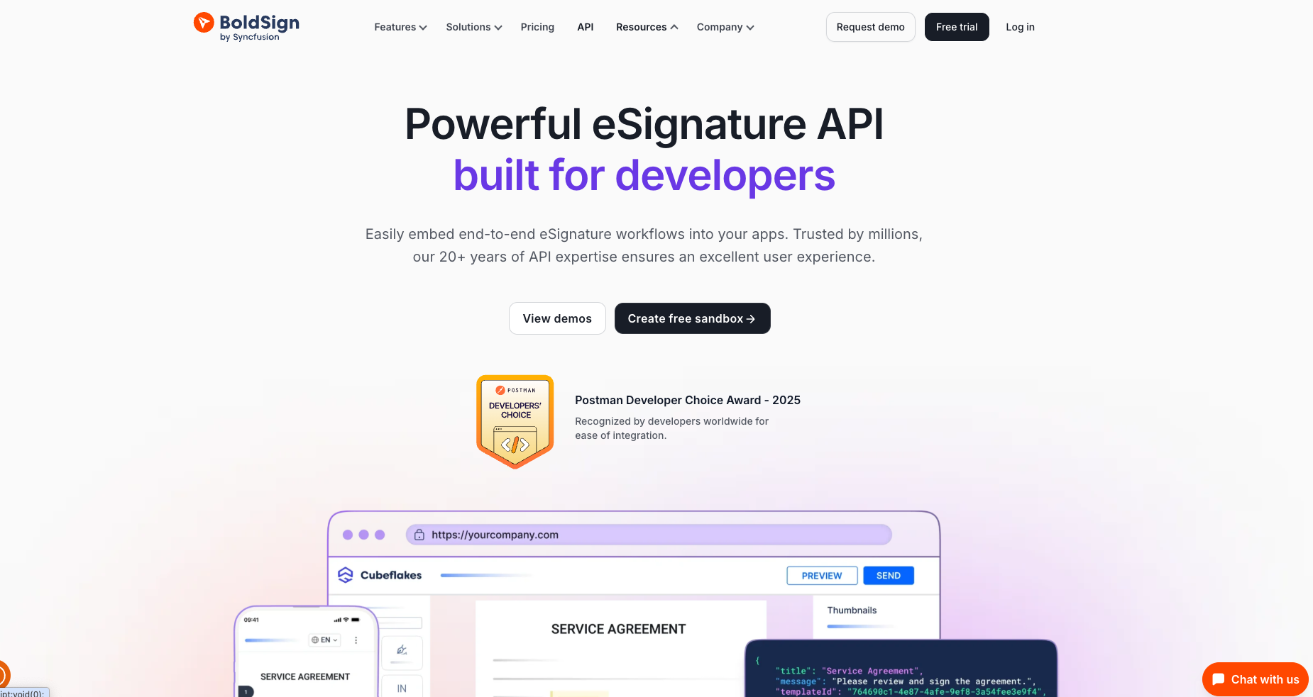 BoldSign eSignature API page with headline 'Powerful eSignature API built for developers' and sandbox/demo options.