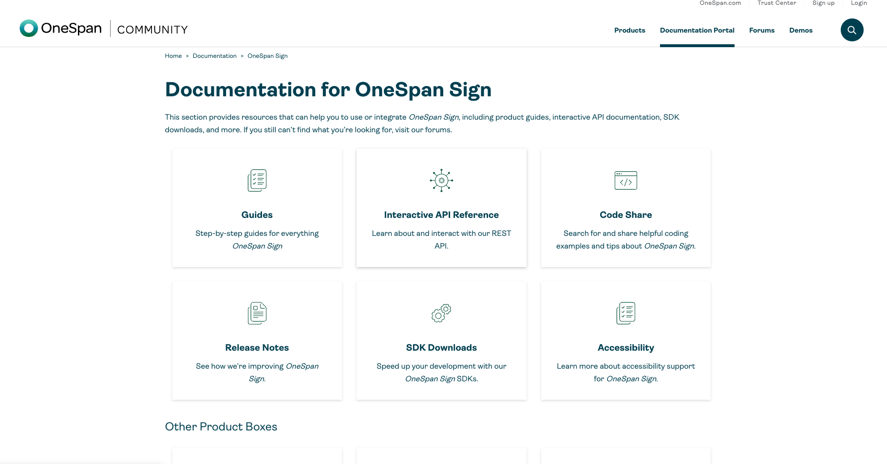 OneSpan Sign documentation page with guides, API reference, code share, release notes, SDKs, and accessibility.