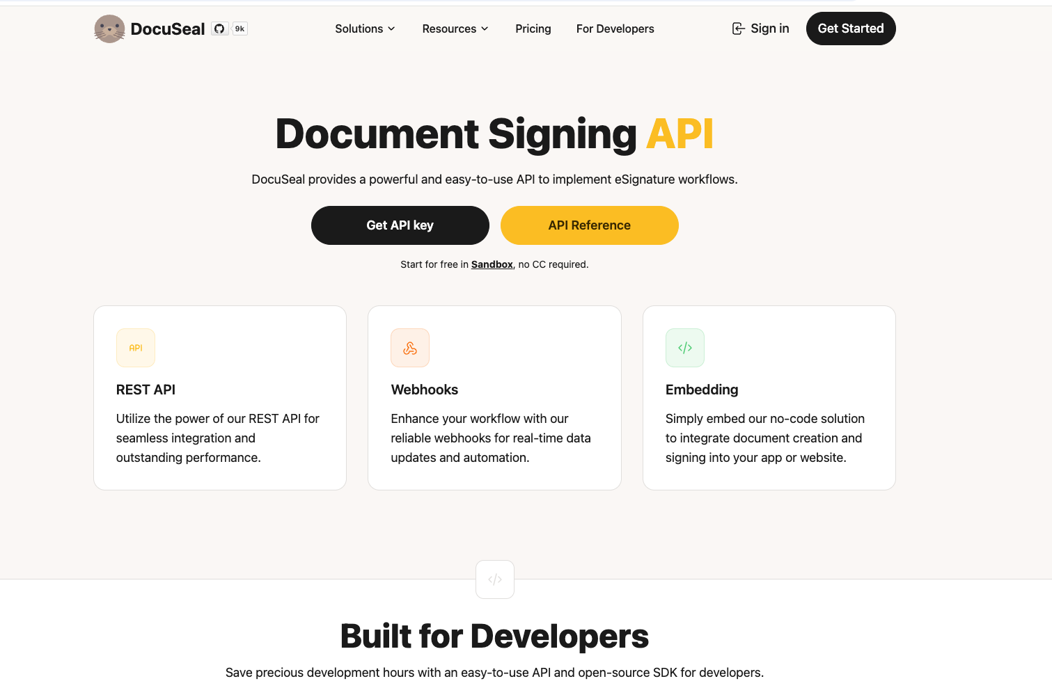 DocuSeal API page highlighting REST API, Webhooks, and Embedding for eSignatures.