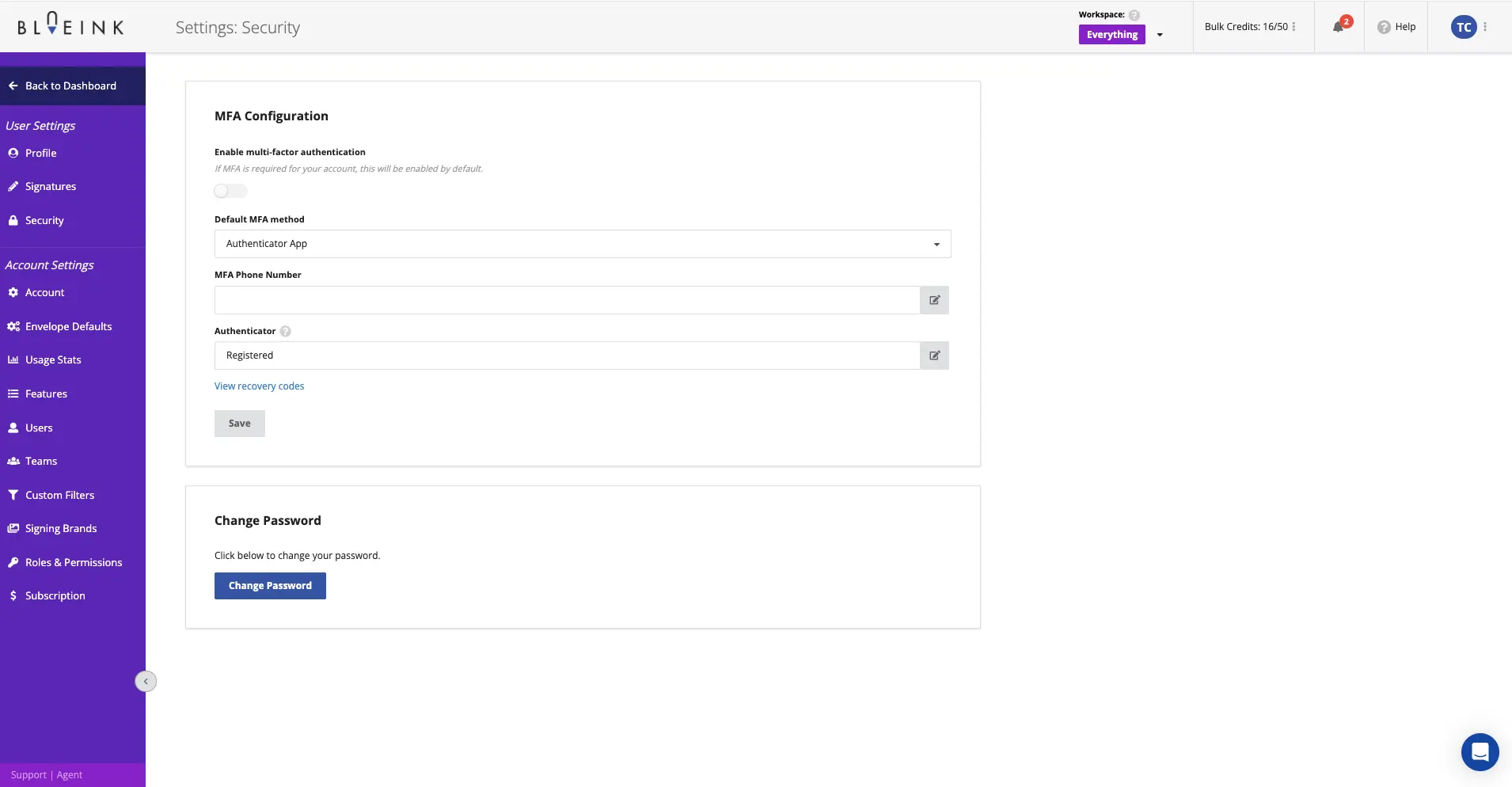 Multi-factor authentication (MFA) configuration page in Blueink security settings