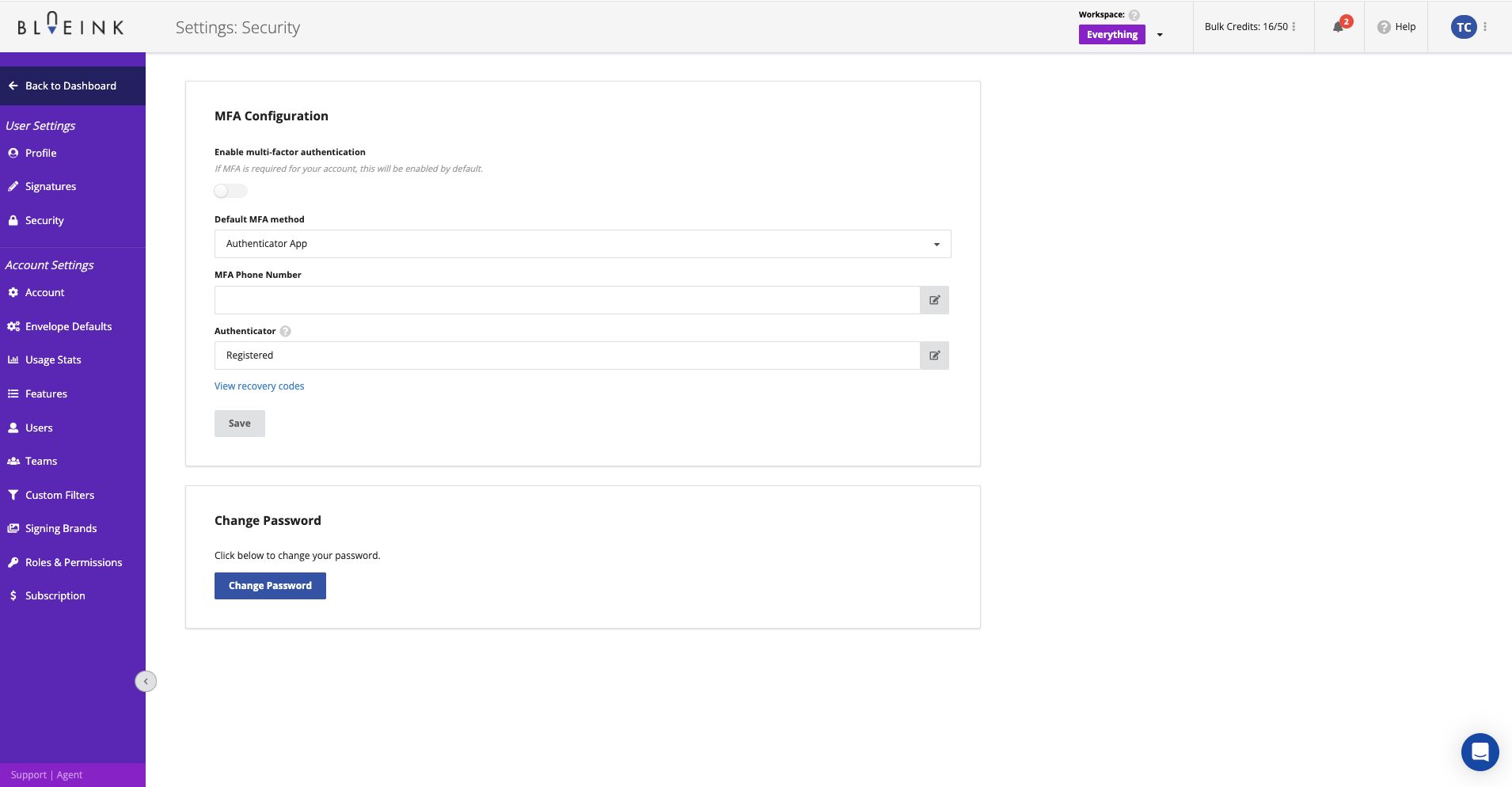 Blueink security settings page showing multi-factor authentication (MFA) configuration and password change options.