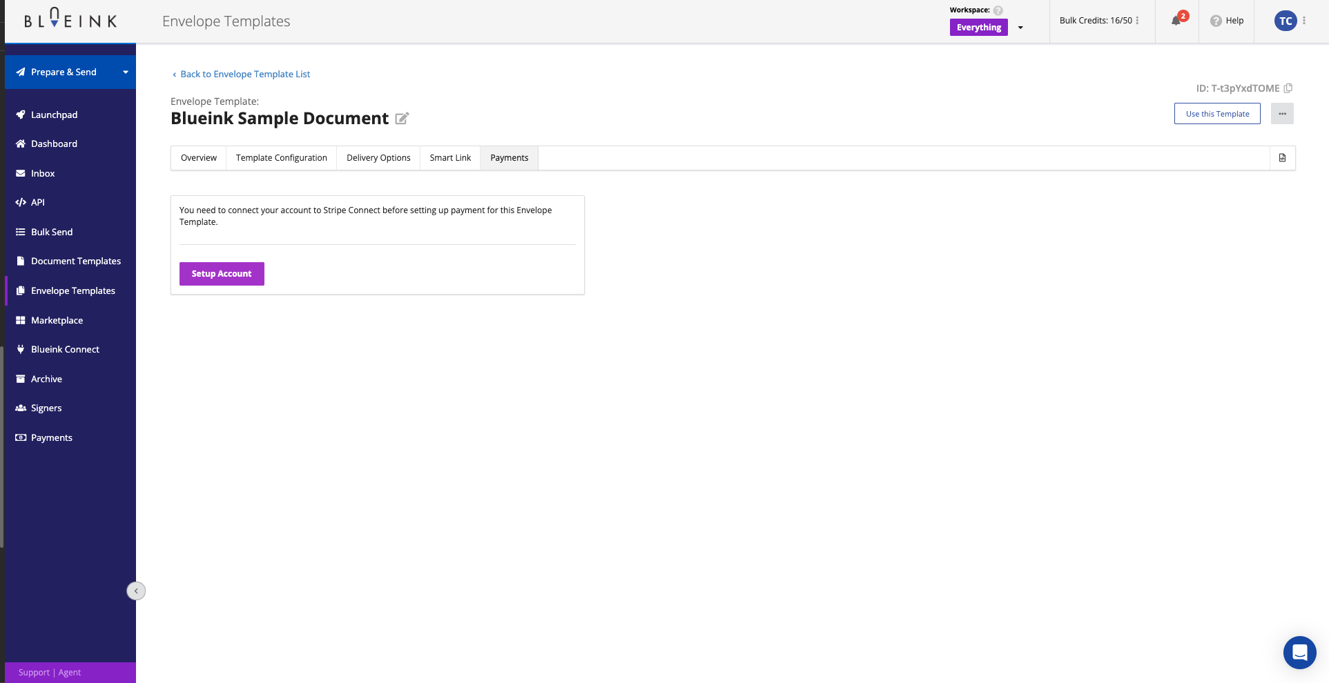 Blueink envelope template payment tab prompting user to connect a Stripe account before enabling payment collection.