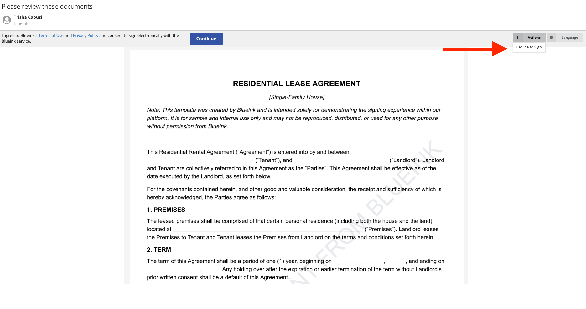 Signer view showing a document preview with an option to decline to sign in the Blueink eSignature platform.