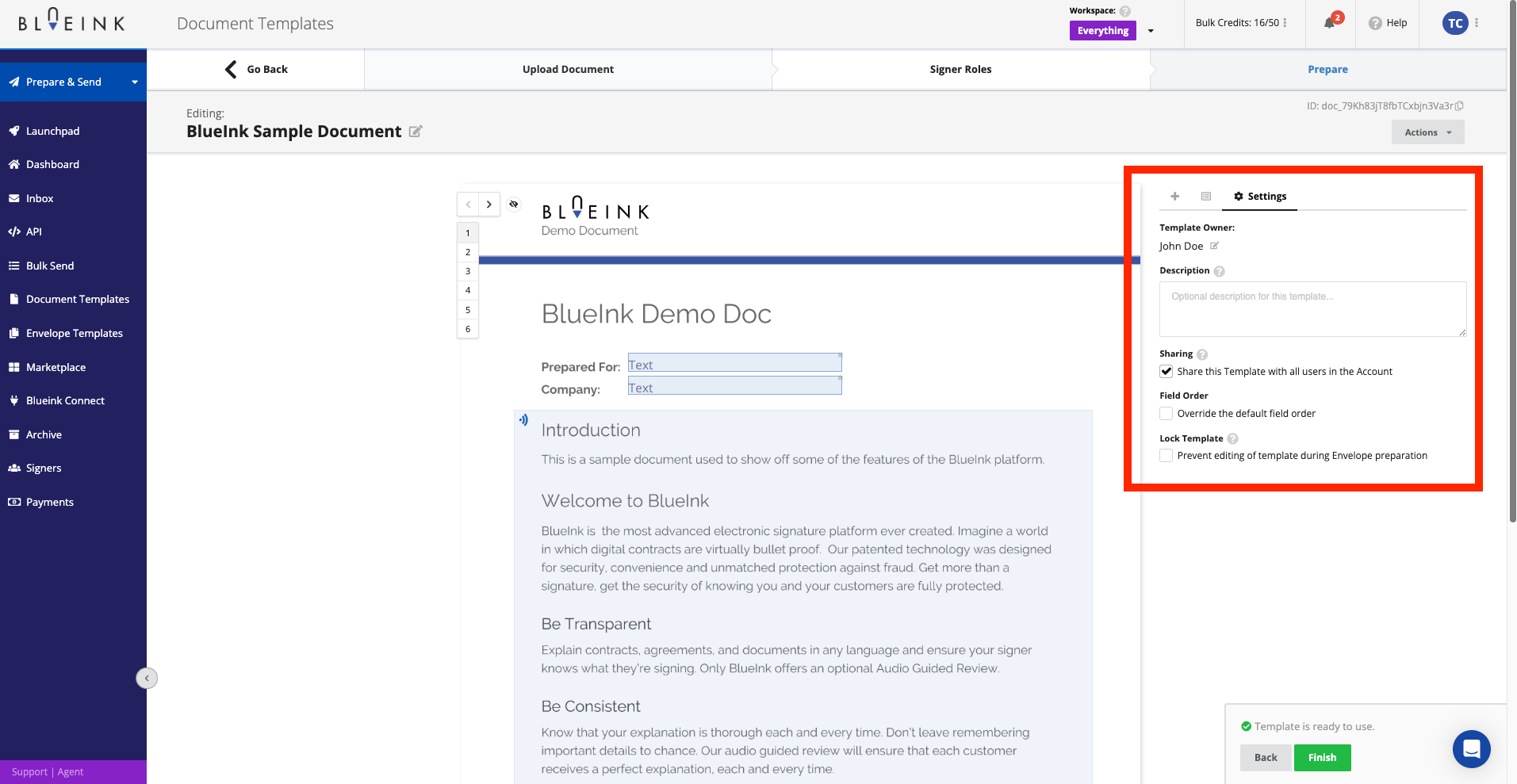 Blueink document template settings panel showing template owner, sharing options, and field order configuration.