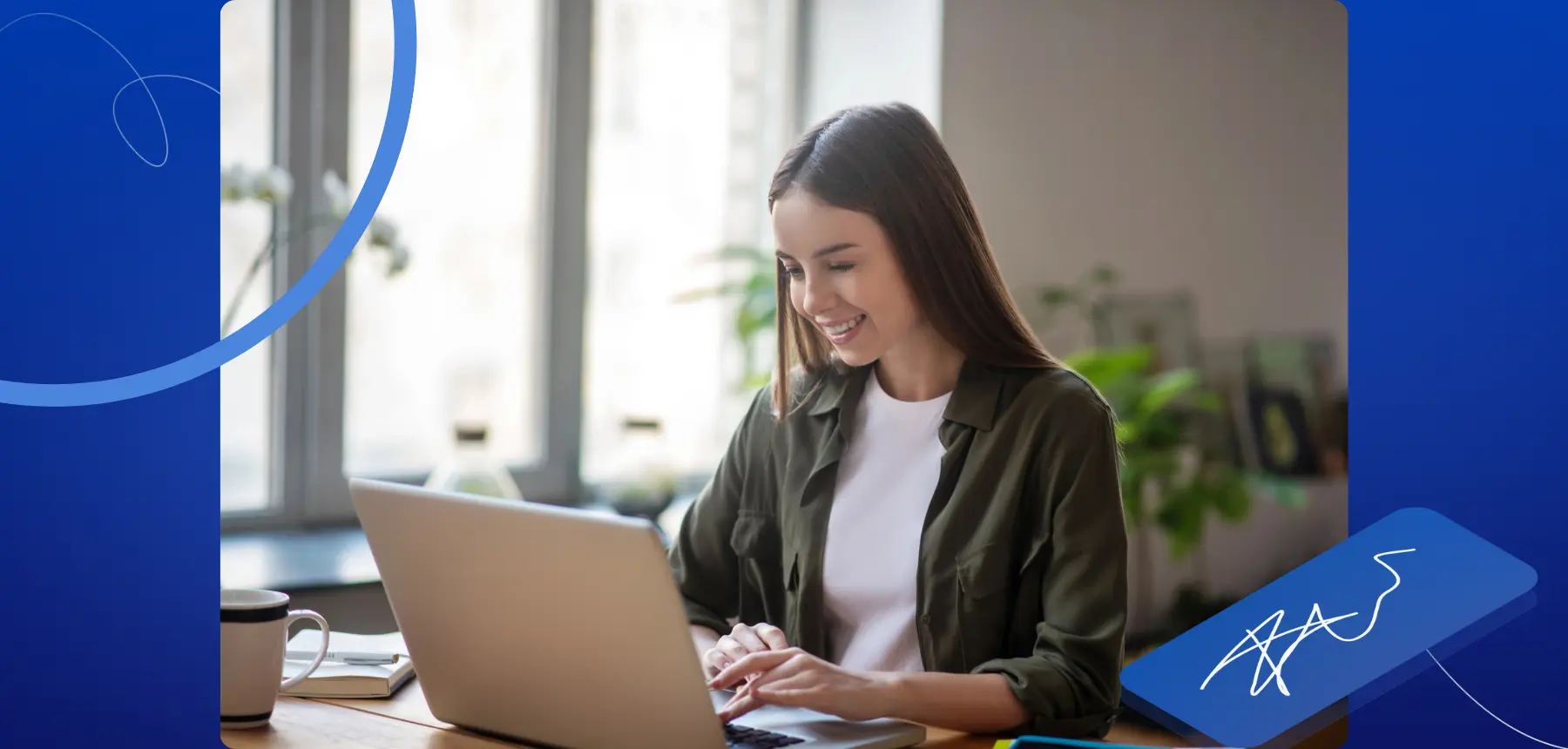 Professional reviewing documents on a laptop in a home office, illustrating electronic document signing and digital workflow management