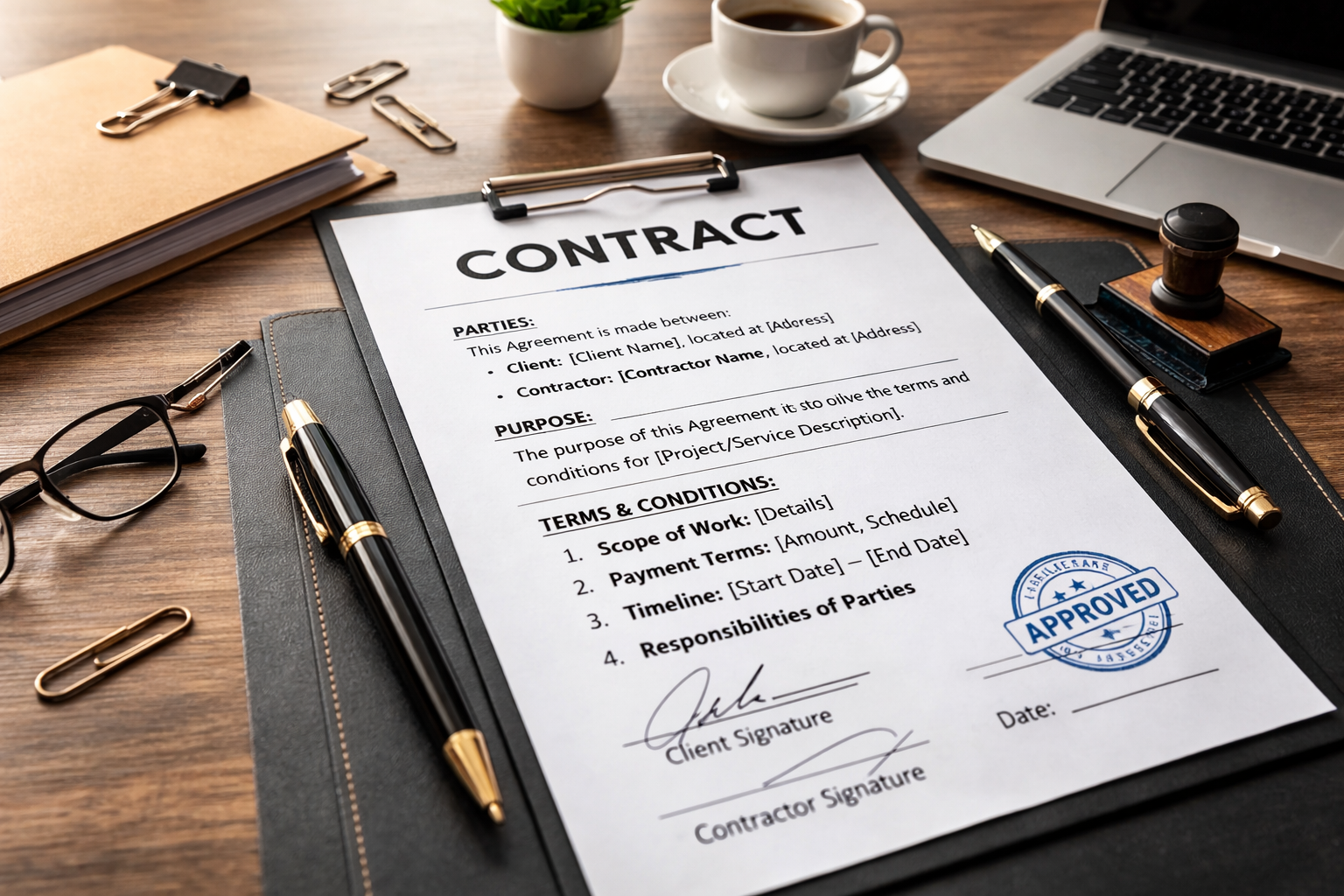 Printed contract document on a clipboard with signatures and an “Approved” stamp, placed on a wooden desk beside a laptop, coffee cup, pens, folder, and office supplies.