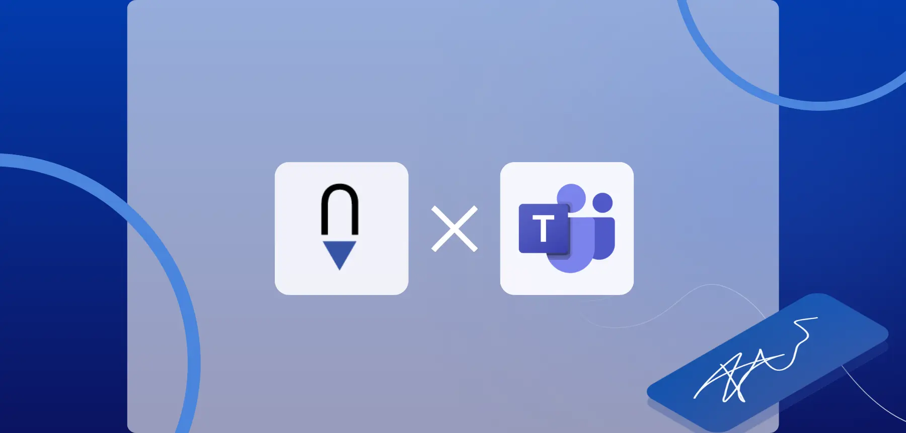 Blueink and Microsoft Teams integration illustration showing the Blueink logo connected with the Microsoft Teams logo, representing sending and managing eSignature documents directly within Teams.