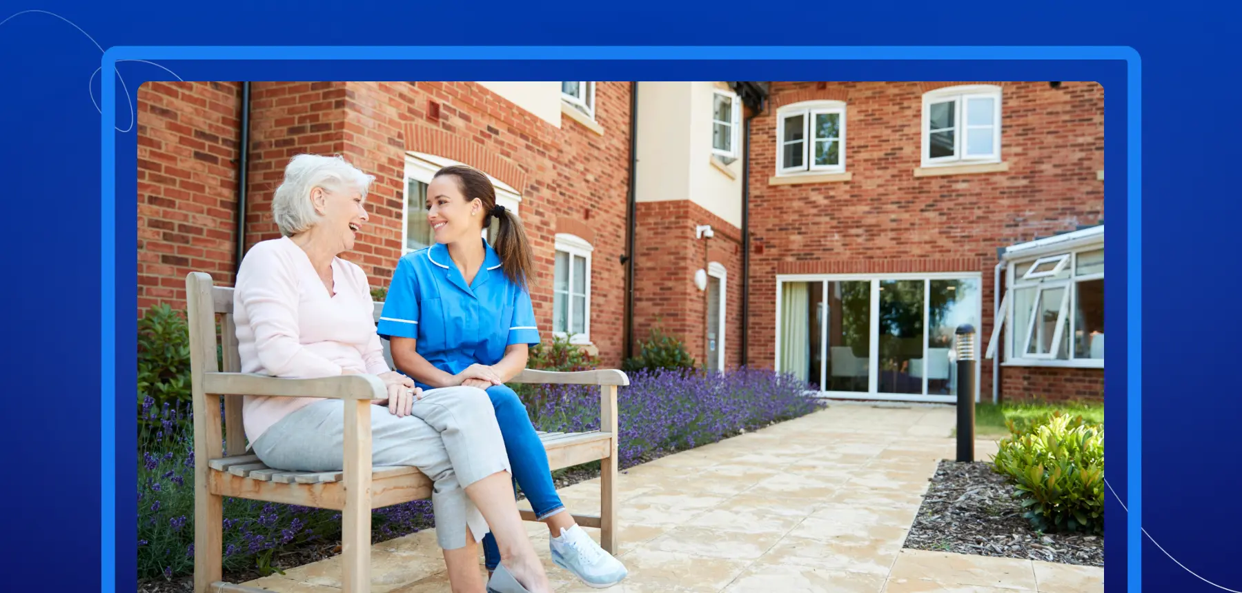 Senior living caregiver assisting a resident at a retirement community, representing digital resident intake, care agreements, and eSignature workflows.