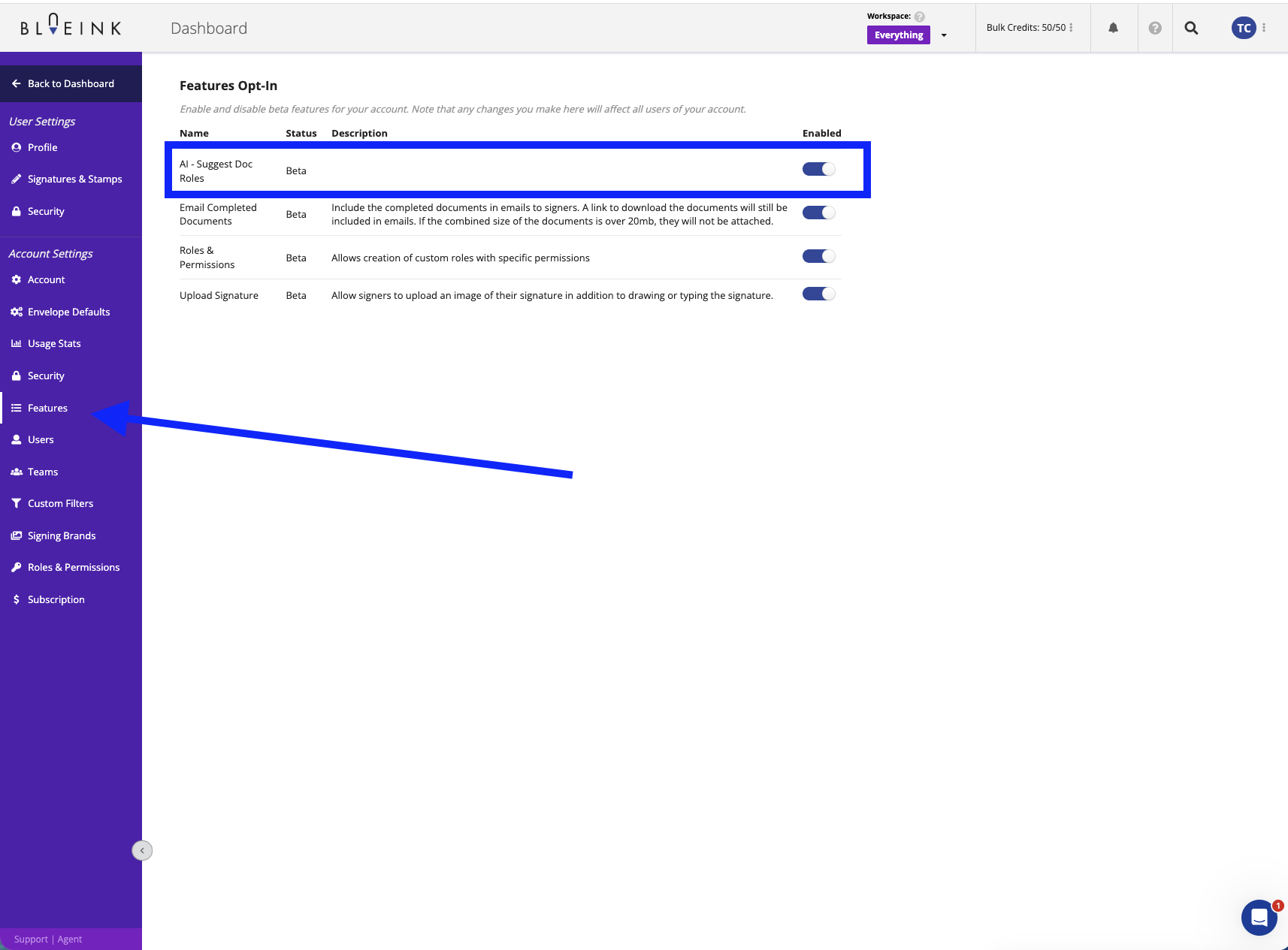 Blueink Features settings page highlighting the “AI - Suggest Doc Roles” beta feature, with an arrow pointing to the Features menu and the AI feature toggle enabled.