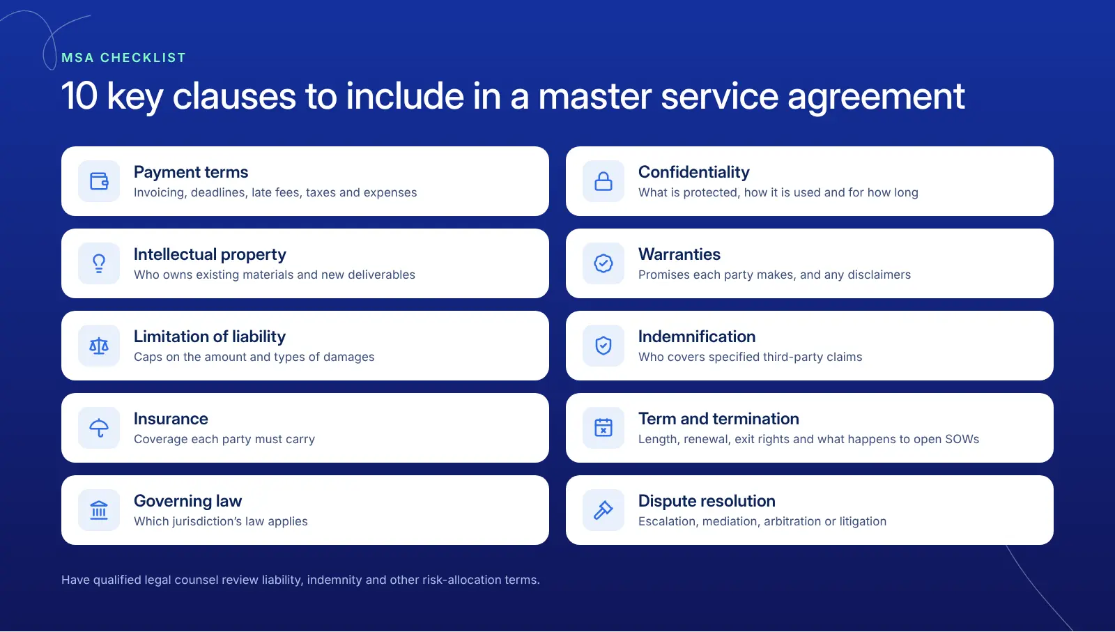 Checklist of 10 key clauses to include in a master service agreement: payment terms, confidentiality, intellectual property, warranties, limitation of liability, indemnification, insurance, term and termination, governing law and dispute resolution.