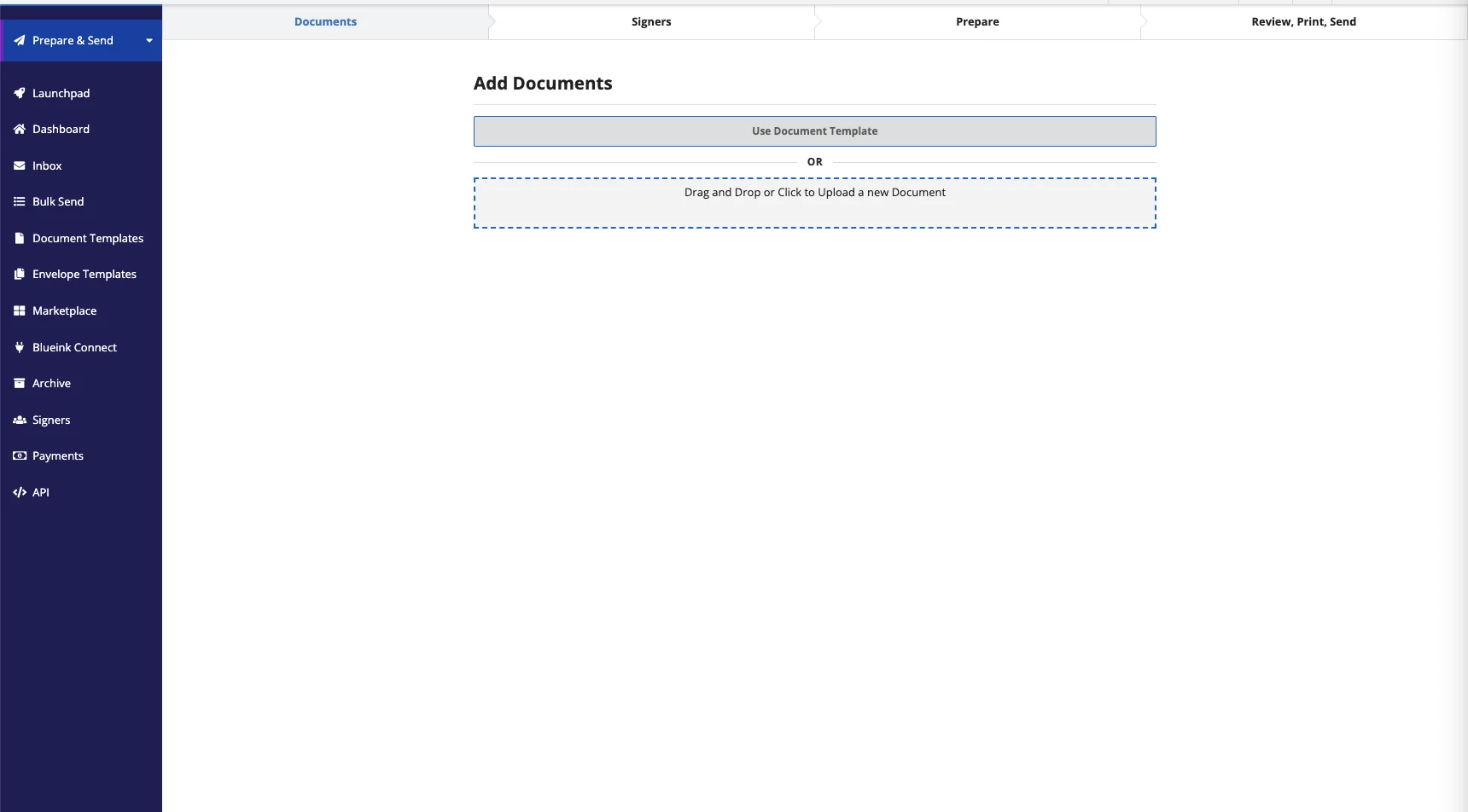 Blueink Prepare & Send screen, Documents step, with options to use a document template or drag and drop a new document