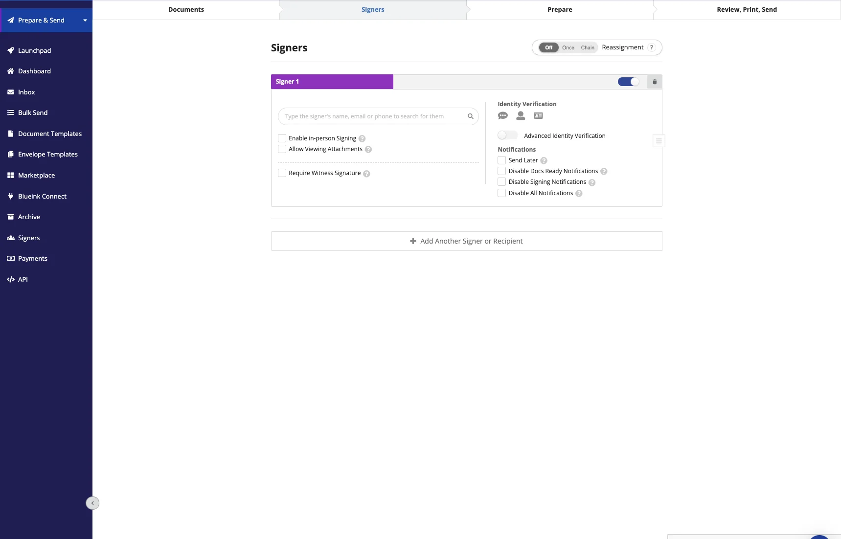 Blueink Signers step showing signer search, in-person signing, witness signature, identity verification, and notification options
