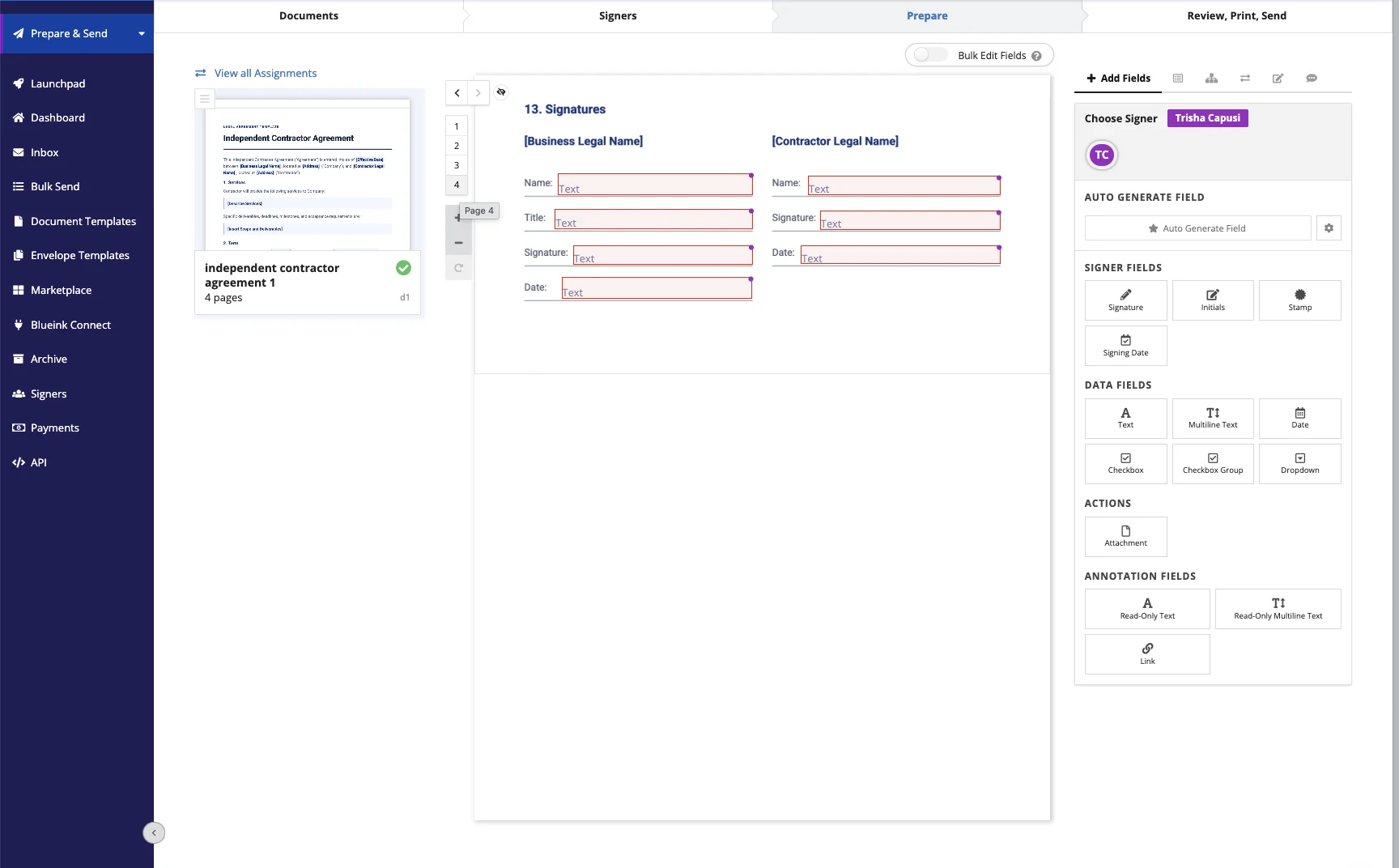Blueink Prepare step with signature, initials, date, checkbox, and dropdown fields placed on an independent contractor agreement