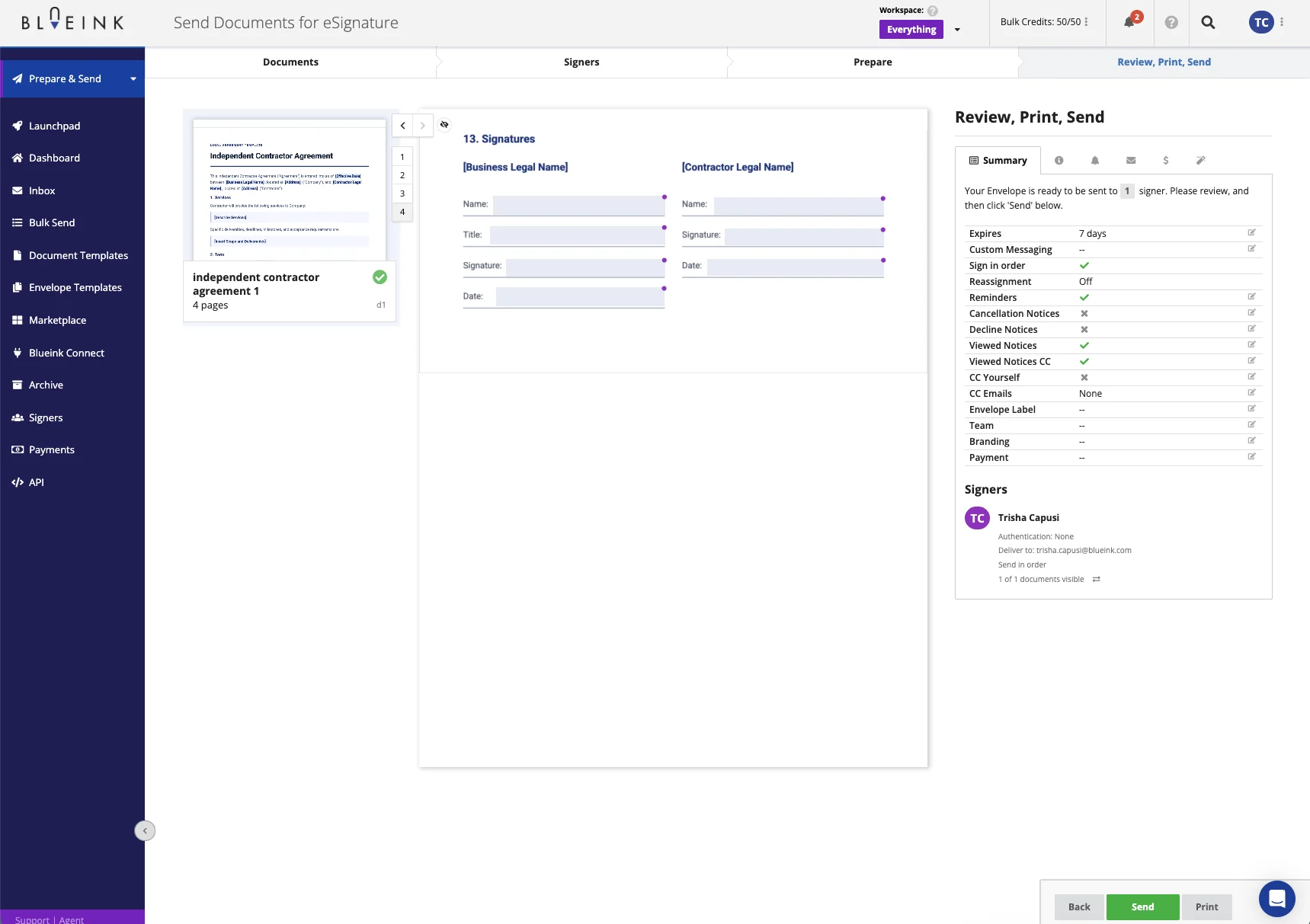 Blueink Review, Print, Send step showing the envelope summary with expiration, signing order, reminders, and notices before sending
