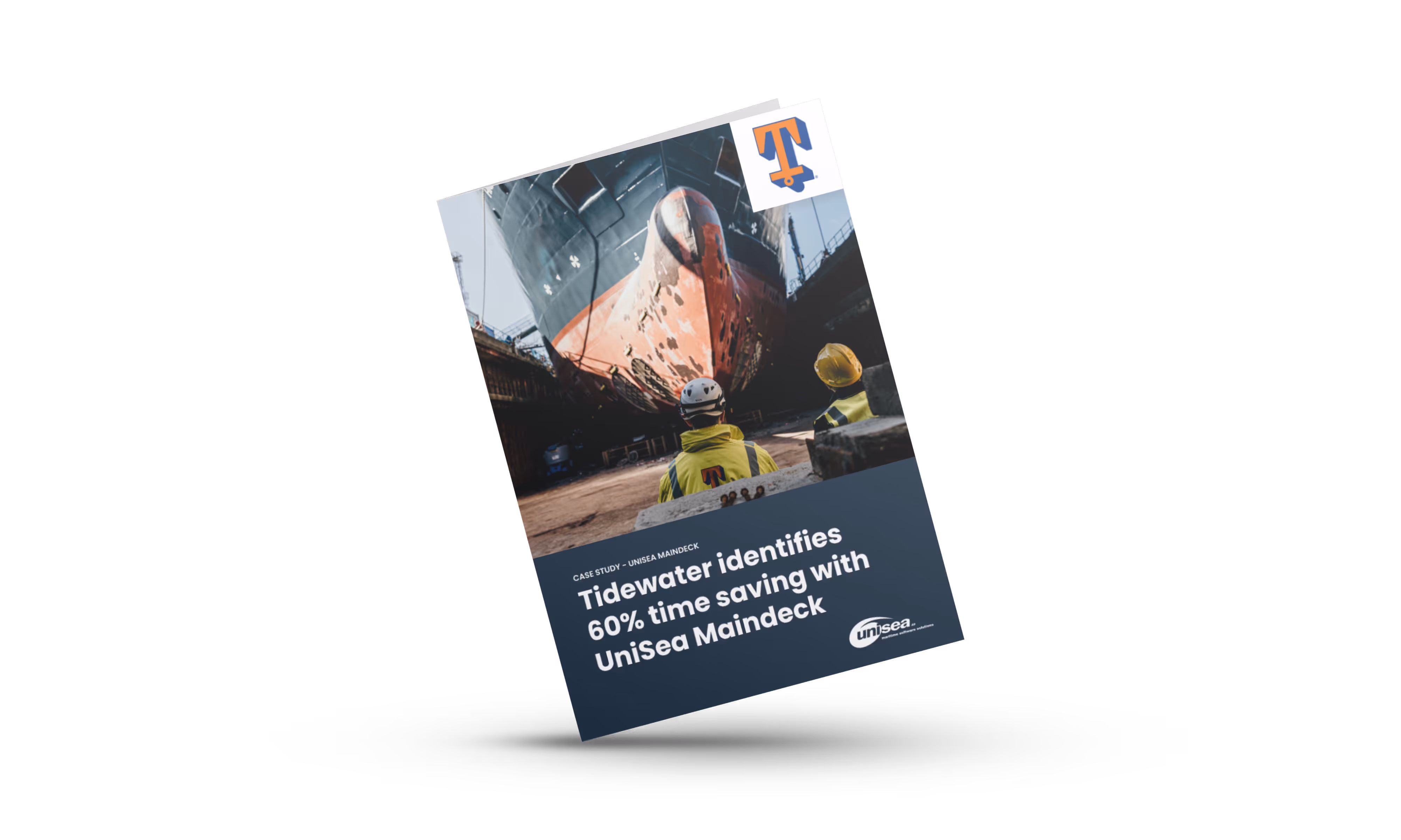 An illustration of a printed case study, which has a picture of a vessel in dry-dock and the headline "Tidewater identifies 60% time saving with UniSea Maindeck". 