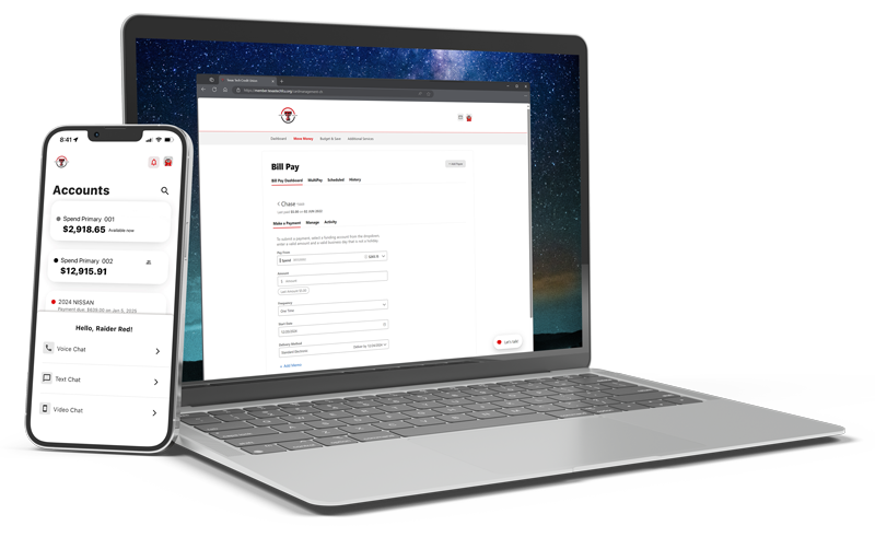 iphone and laptop displaying the mobile app and online banking