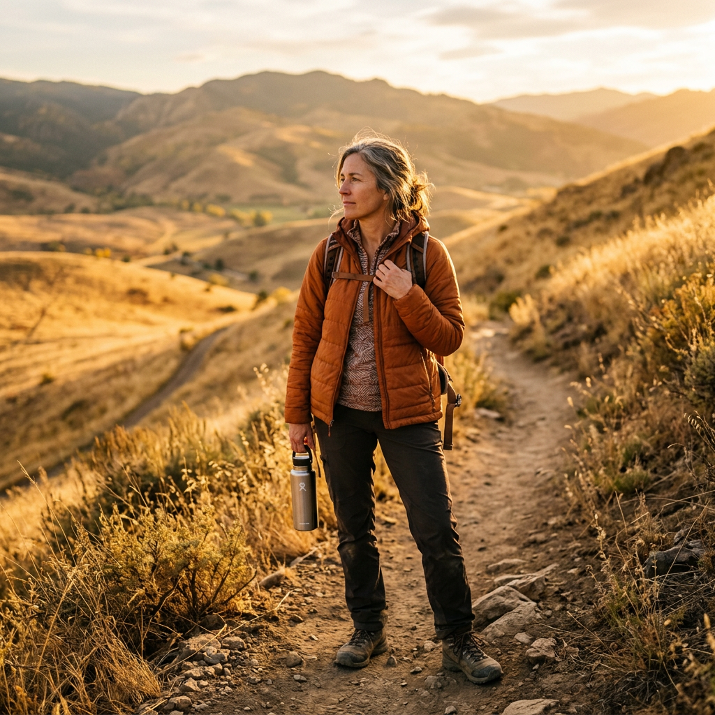 A woman in her late 40s pausing on a walk at golden hour