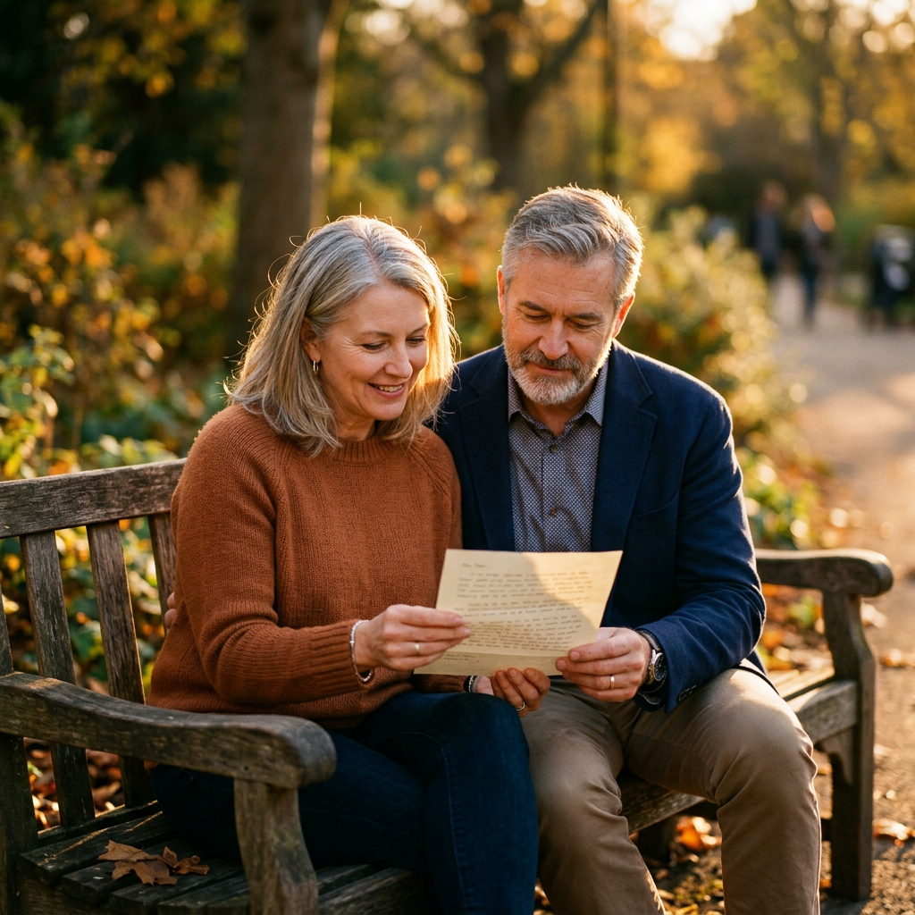 A couple in their mid 50s reading a letter together at golden hour