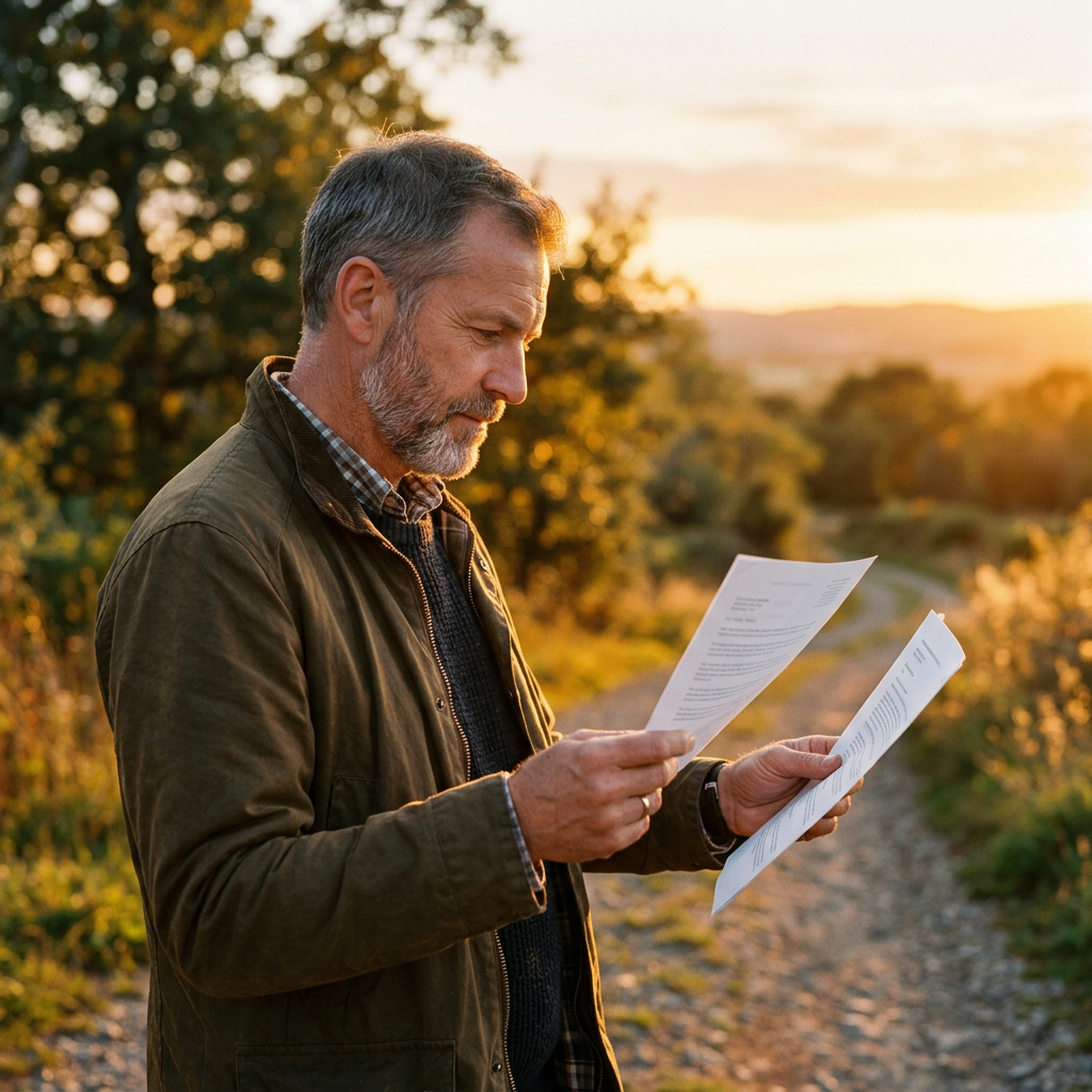A man in his mid 50s comparing documents at golden hour