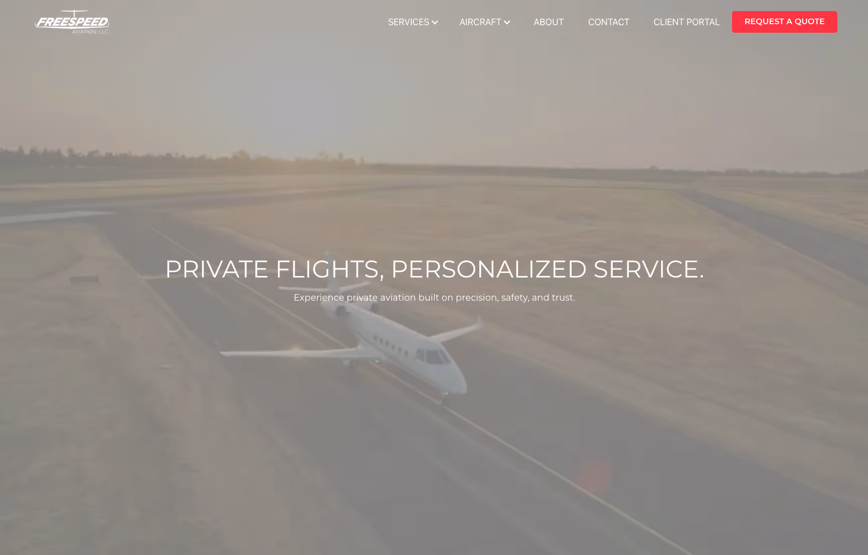 Private jet on runway at sunset with overlaid text promoting personalized private flight services.