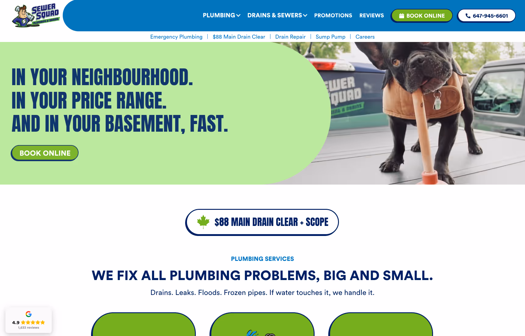 Website header showing Sewer Squad plumbing services with a dog holding a plunger, and text promoting quick, affordable plumbing in your neighborhood.