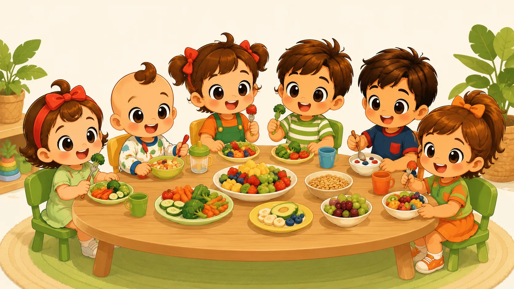 Children eating healthy fruits and vegetables