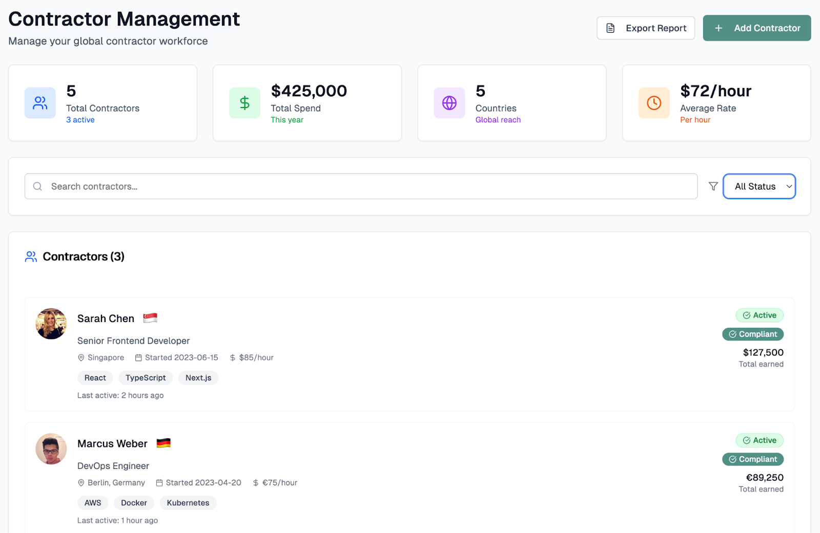 Teamed contractor management dashboard