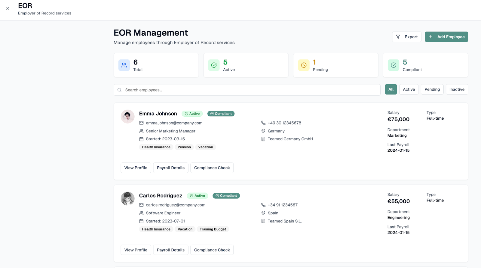 Teamed EOR Management dashboard