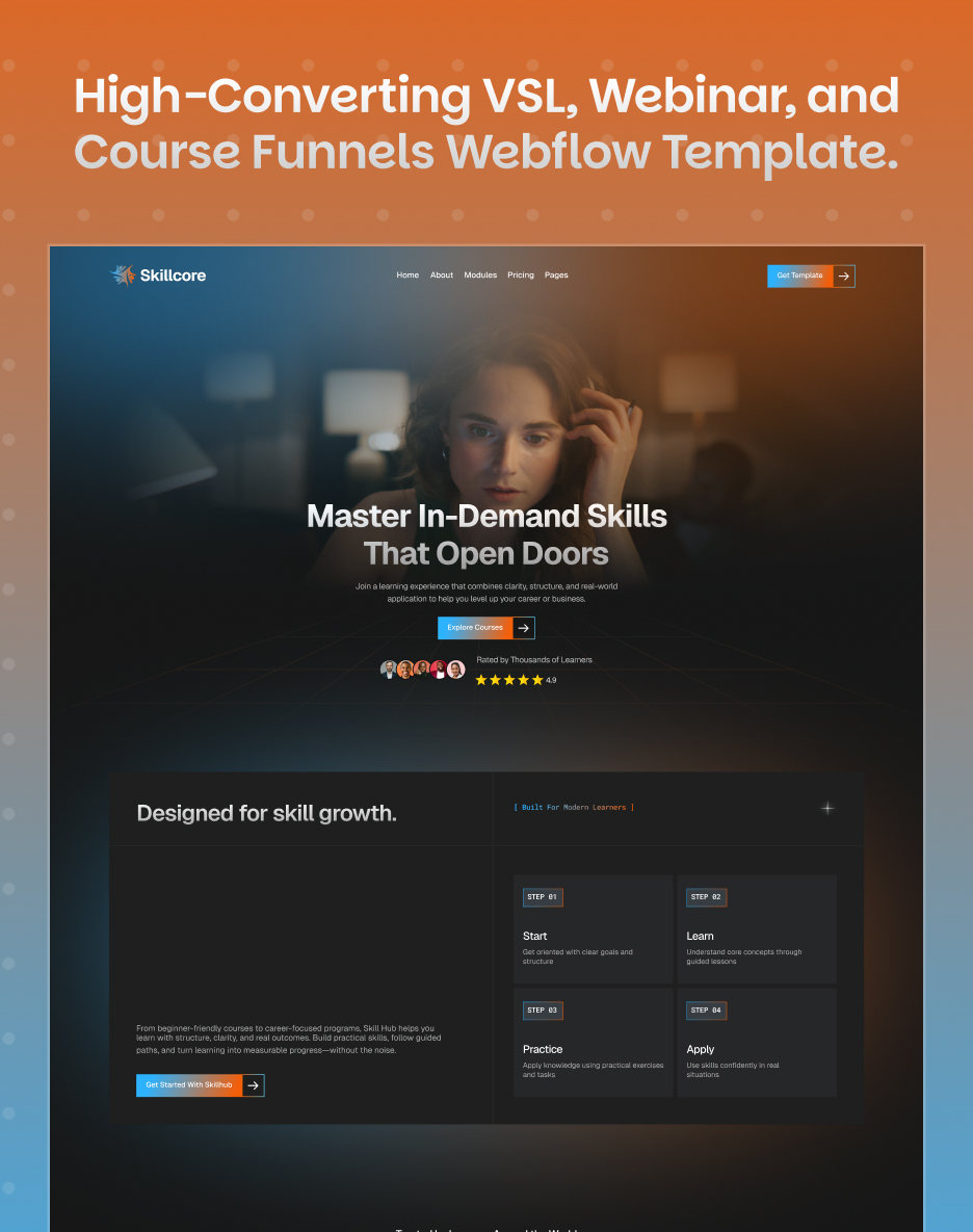 Skillcore - High-Converting VSL, Course, Webinar & Course Funnels Webflow Template.